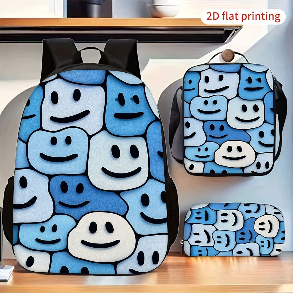 Smiley Face Print 3-Piece Backpack Set with Crossbody Bag and Pencil Case