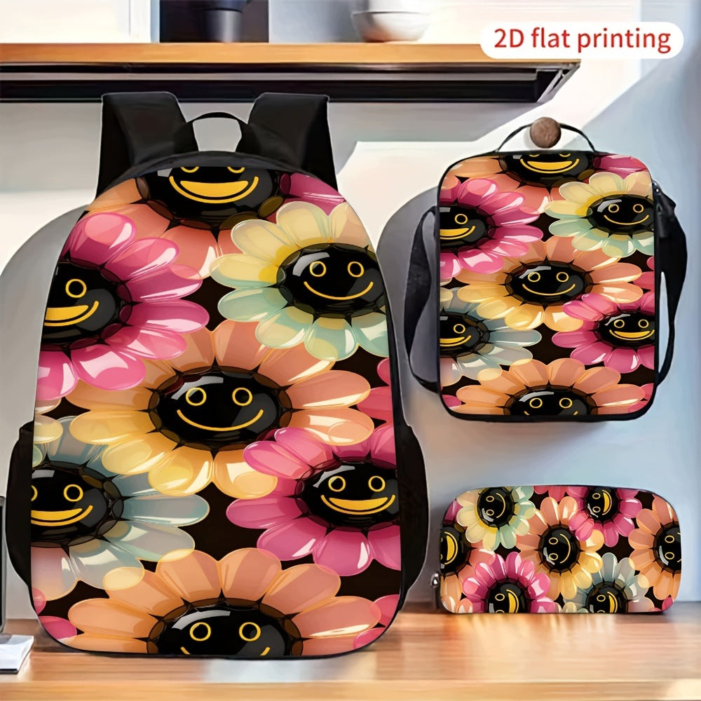 Smiley Sunflower Pattern Floral Print Retro Aesthetic Backpack Set