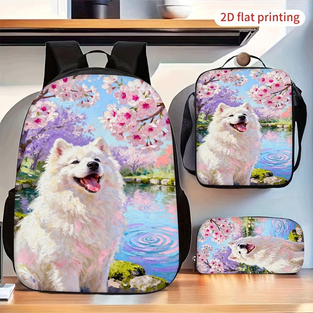 Smiling Samoyed Dog Pink Cherry Blossom 3-Piece Backpack Set