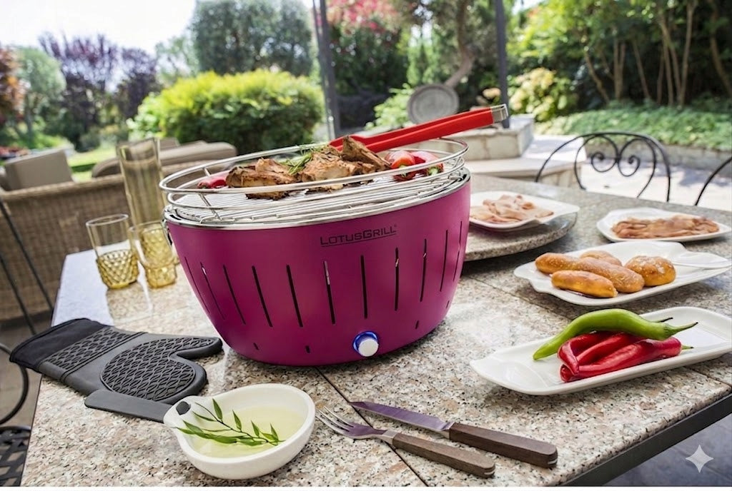 Smokeless Charcoal Grill LotusGrill Classic Garden Plus Bag Color Fuchsia Packaging status original