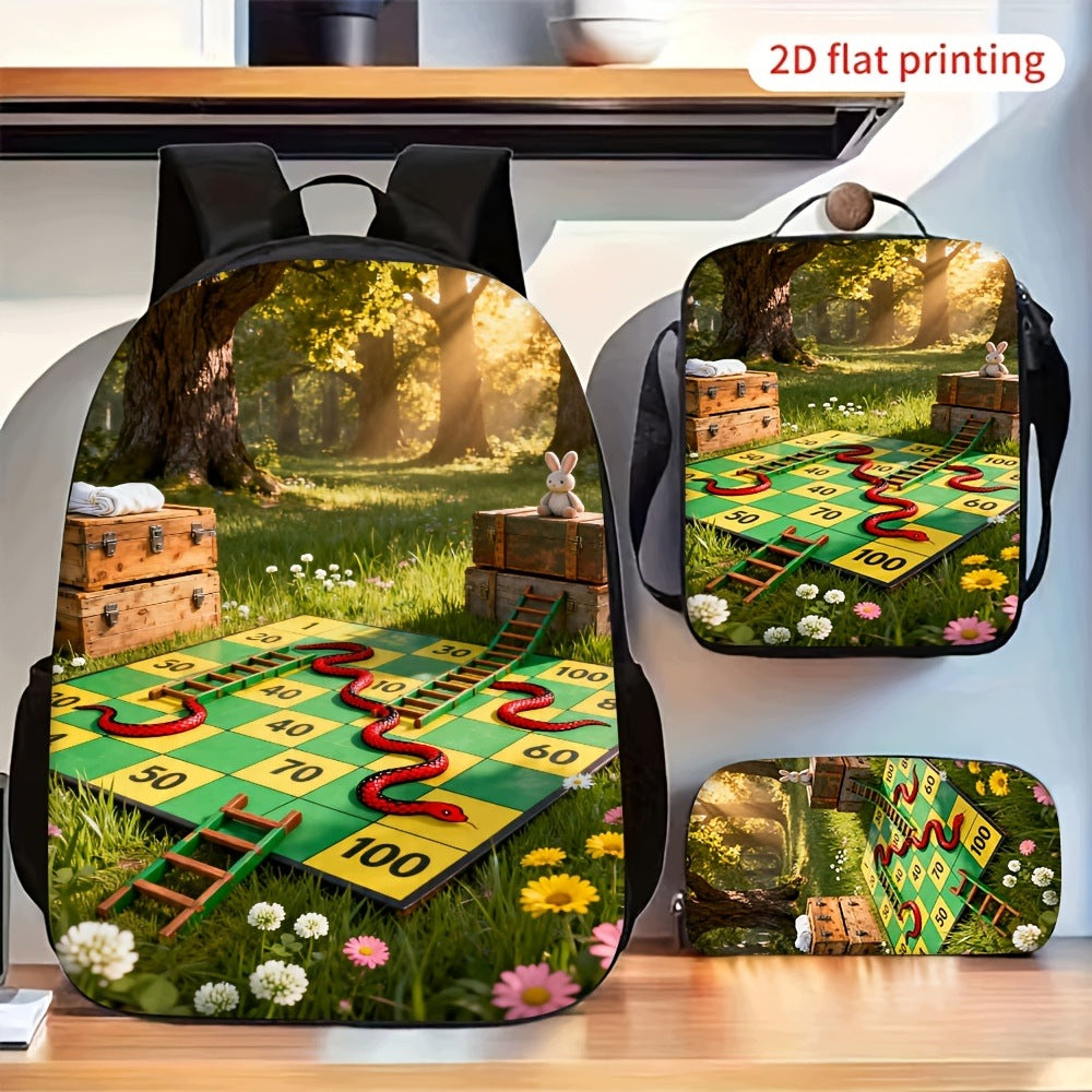 Snake and Ladder Board Game Pattern Printed Backpack Set with Small Bag