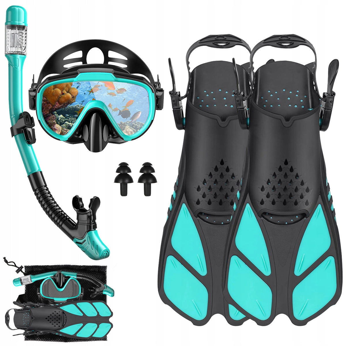 Snorkeling set mask + snorkel + fins green 42-47