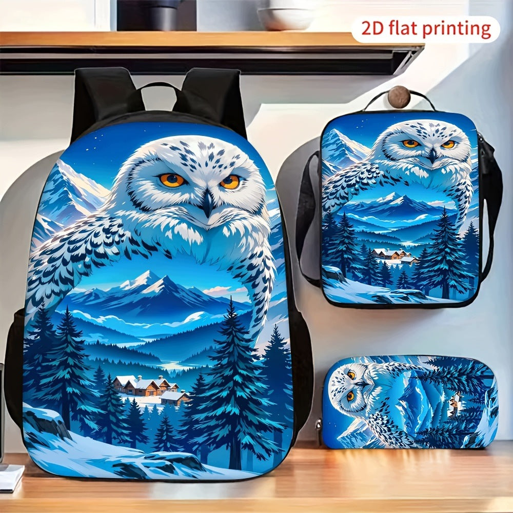 Snowy Owl Winter Snow Mountain Forest 3-Piece Backpack Set with Lunch Bag