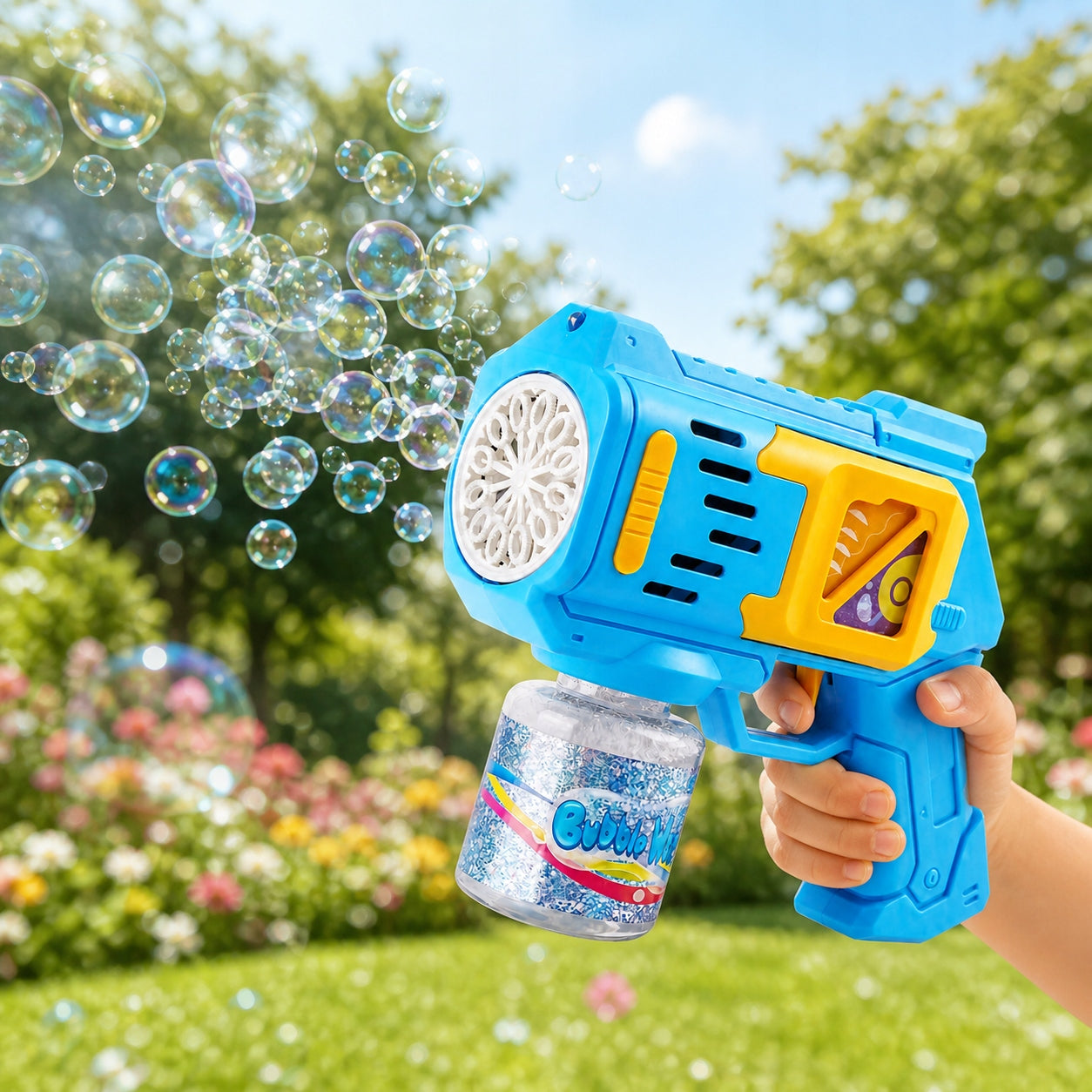 Soap Bubble Gun Blue + Liquid + 4 AA LED Batteries Manufacturer code PISTOLET DO BANIEK MYDLANYCH - Niebieski