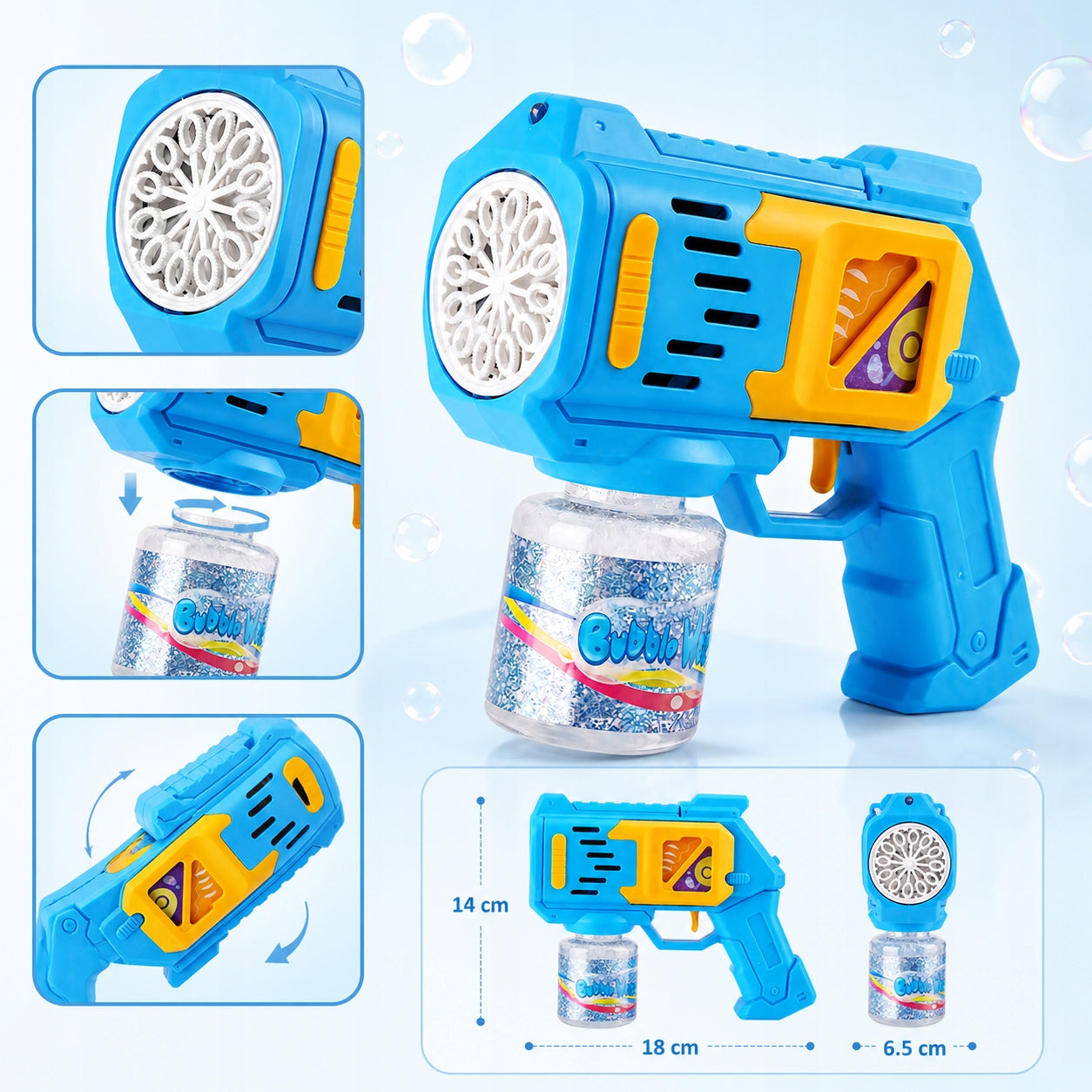 Soap Bubble Gun Blue + Liquid + 4 AA LED Batteries Packaging status original