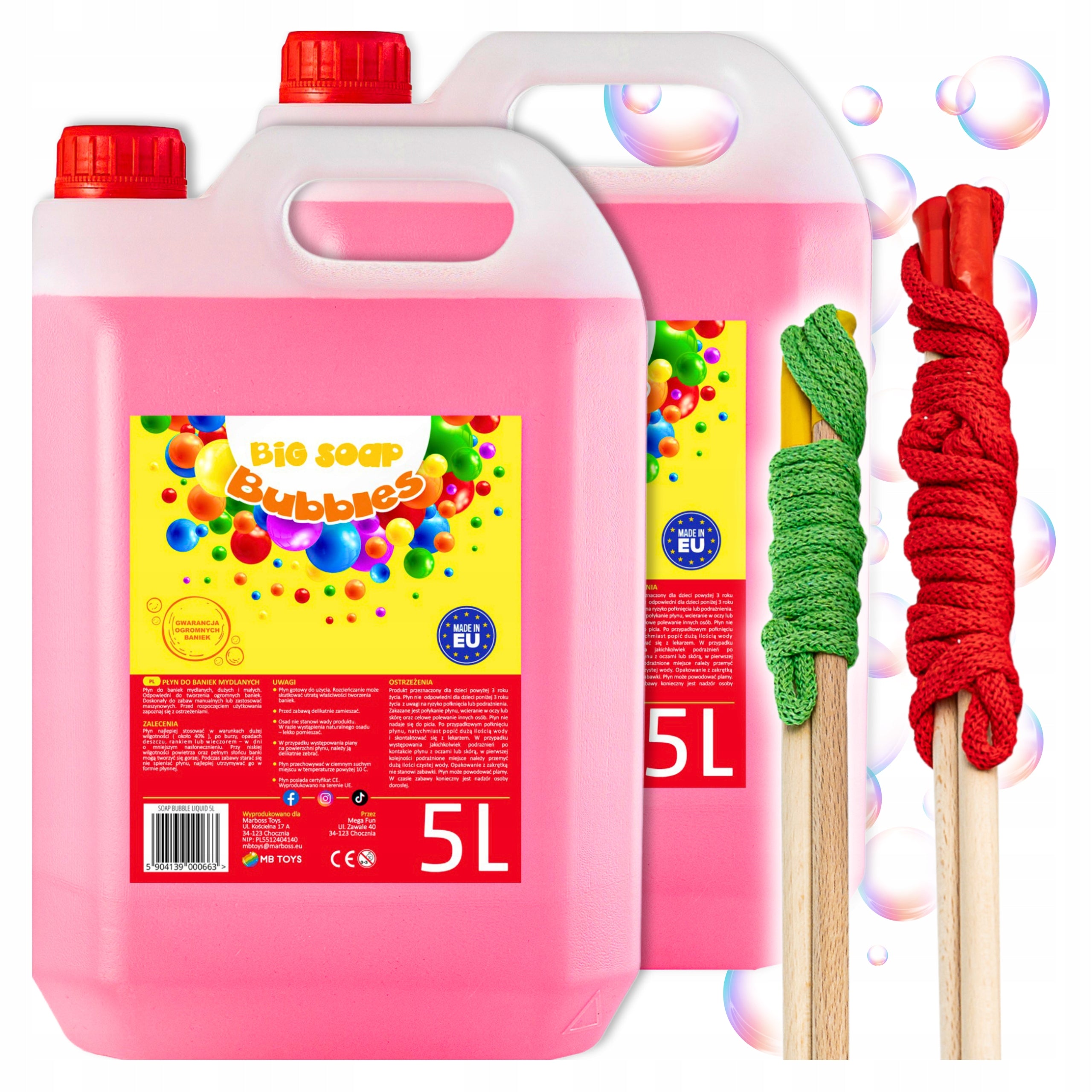 Soap Bubble Liquid 2x 5L + 2 Sticks Strings Soap Bubbles Great
