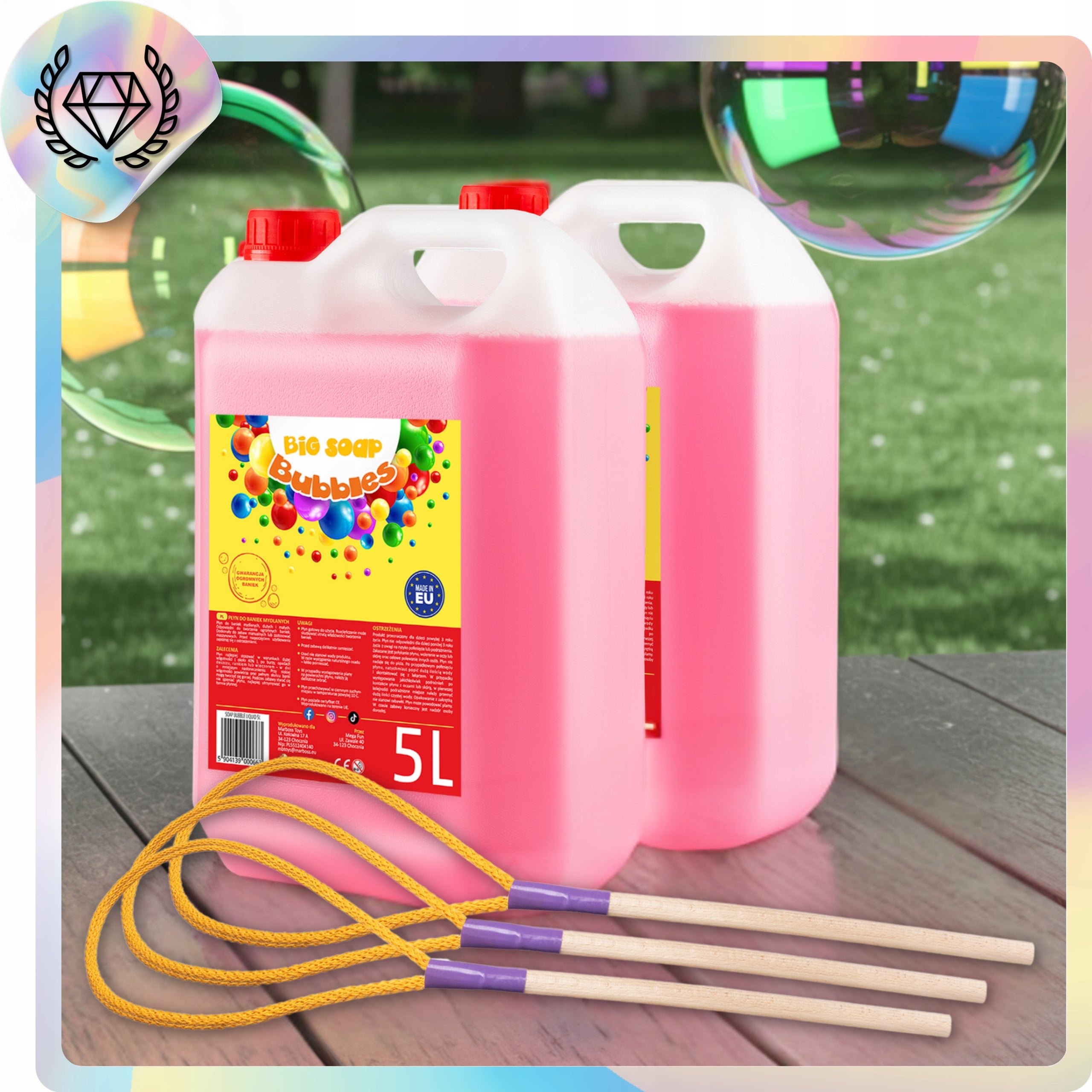 Soap Bubbles Set of 2x Soap Bubble Liquid 5L + 3x Small Stick Hoop Packaging status original