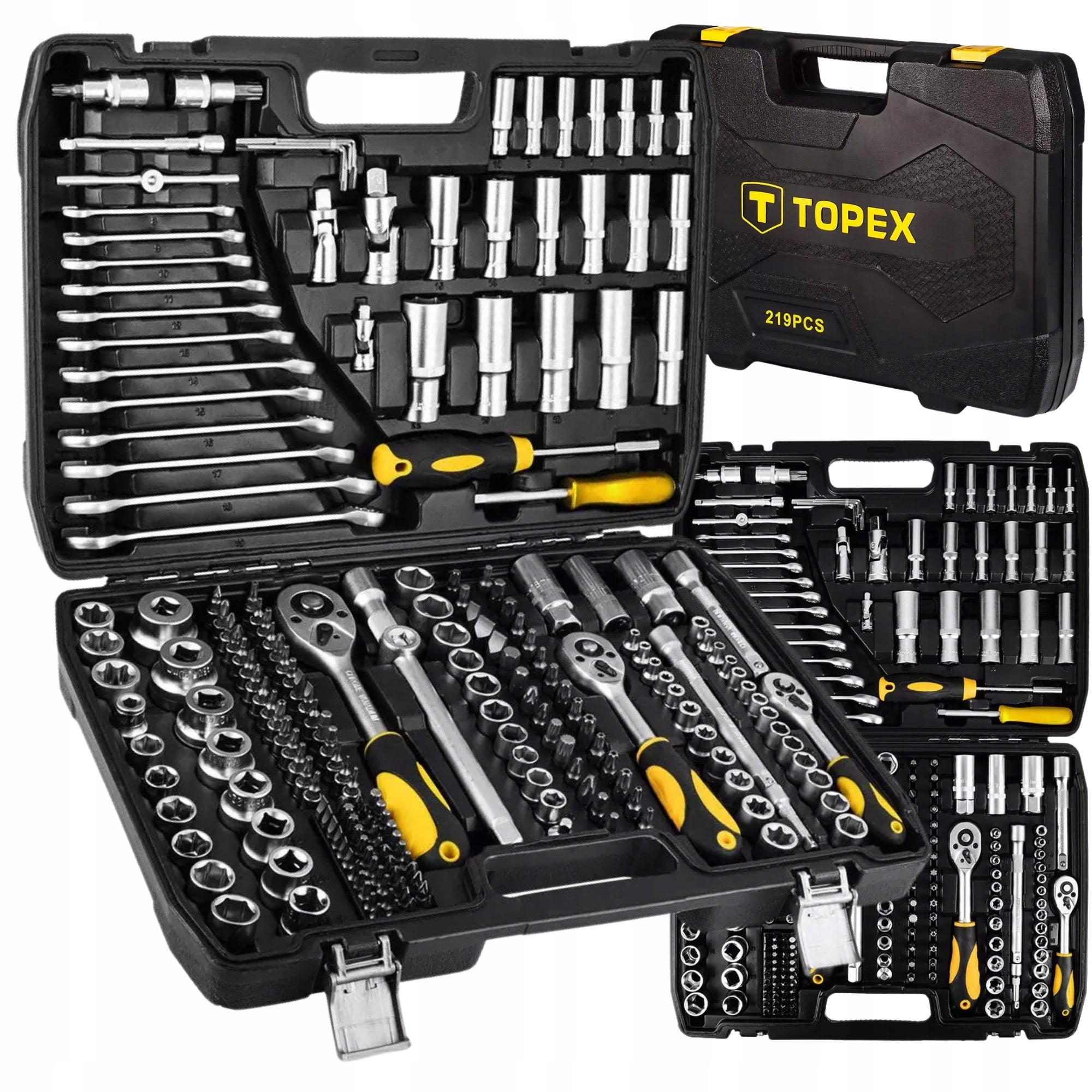 Socket Wrench Set Large 219 el. 1/2" 3/8" 1/4" Stainless Steel Suitcase TOPEX