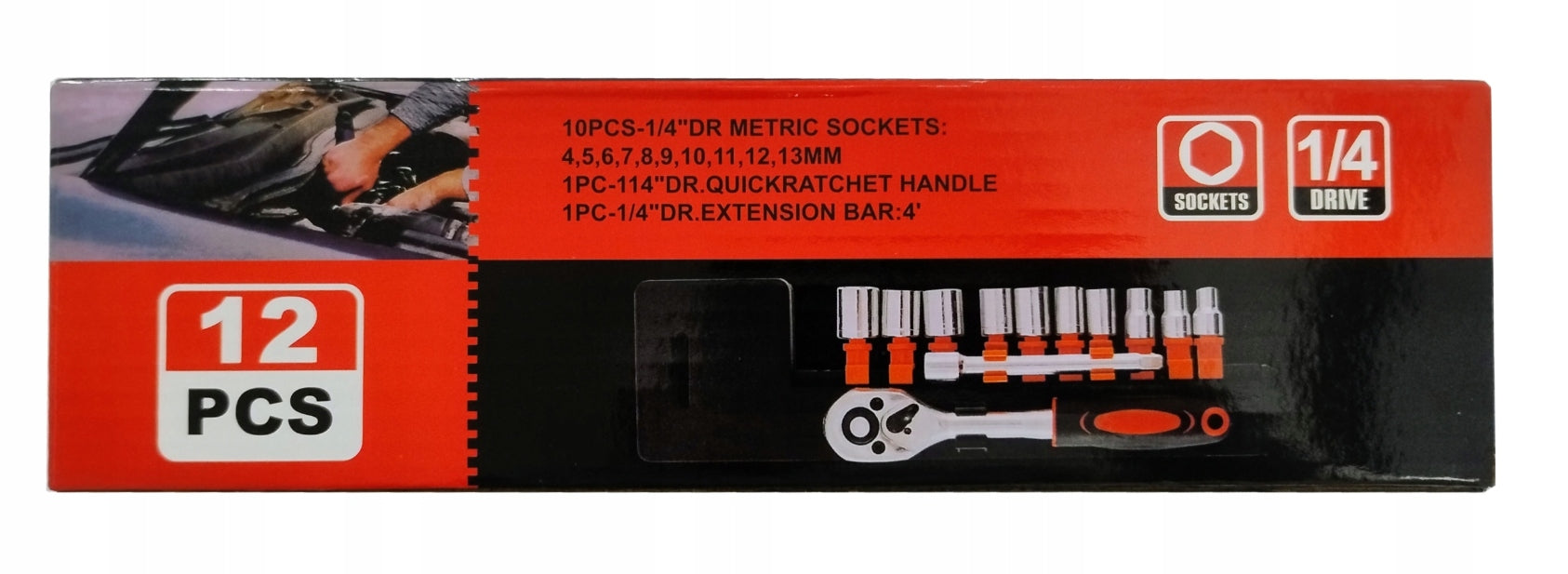 Socket wrench set 1/4" 12 el. ratchet CR-V tool Manufacturer code KLUCZ-NAS-1/4-CAL