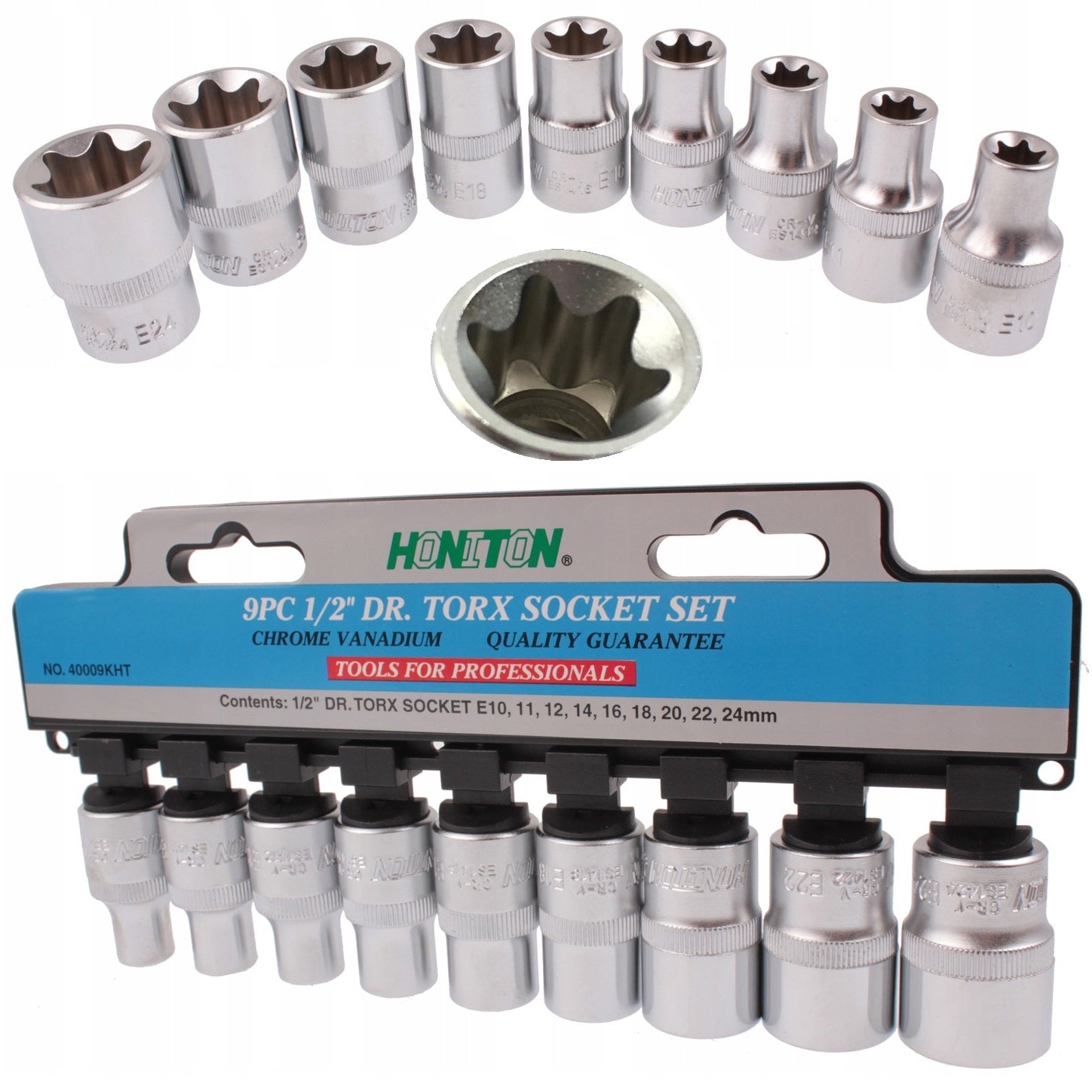 Sockets TORX 1/2" torxy pendant E10 - E24 6-angle 38 mm Honiton 9 el.