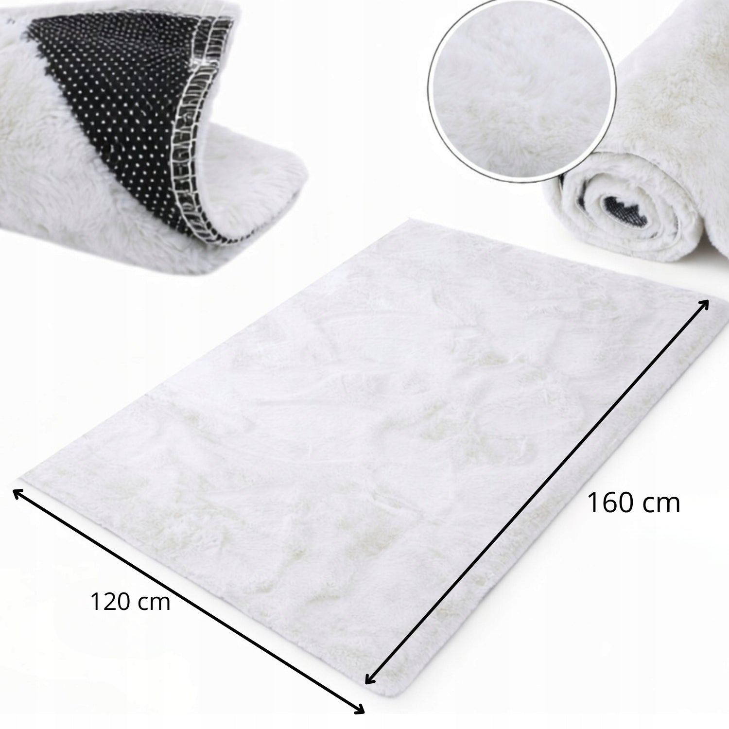 Soft Carpet NON-SLIP faux fur 120x160cm WHITE Product width 120 cm