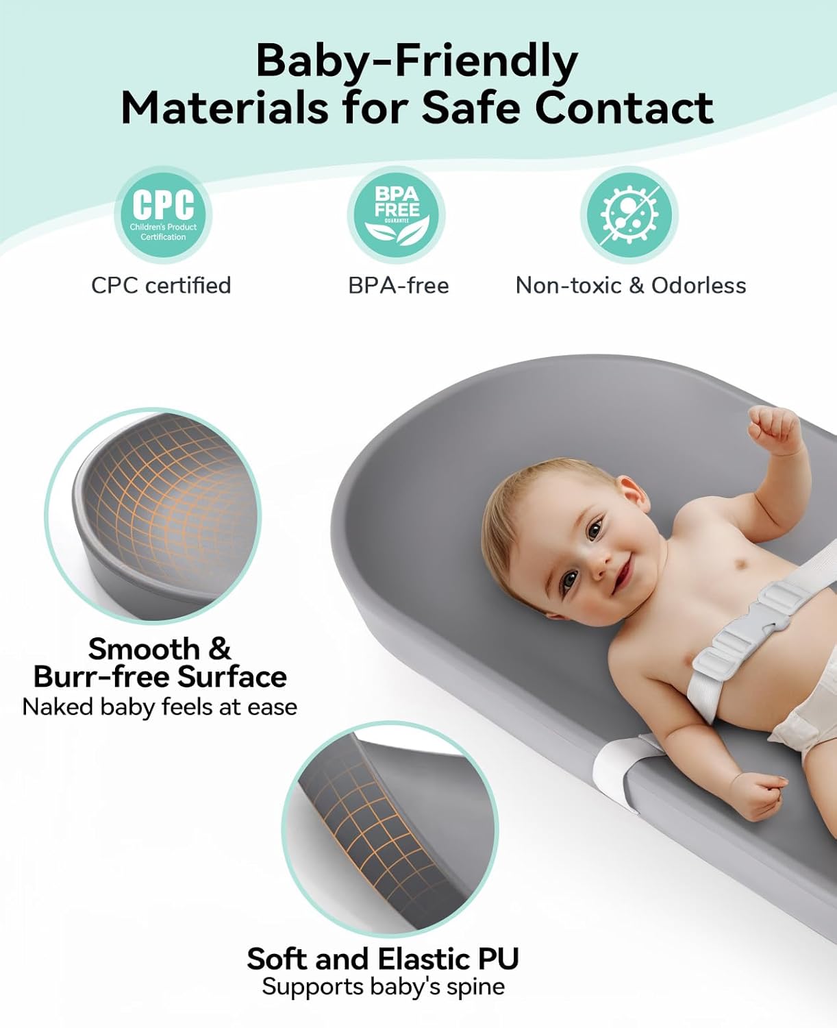 Soft silicone changing table with protection 38,5 x 72 cm grey