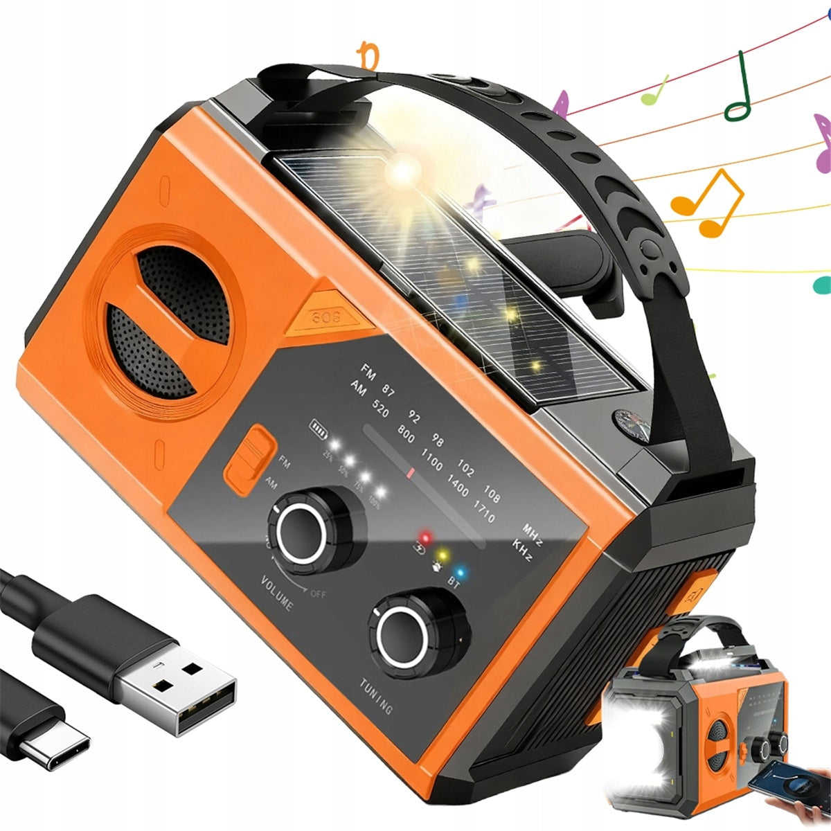 Solar Charging And Crank Bluetooth Radio 5.3 20000mah, Orange Packaging status original