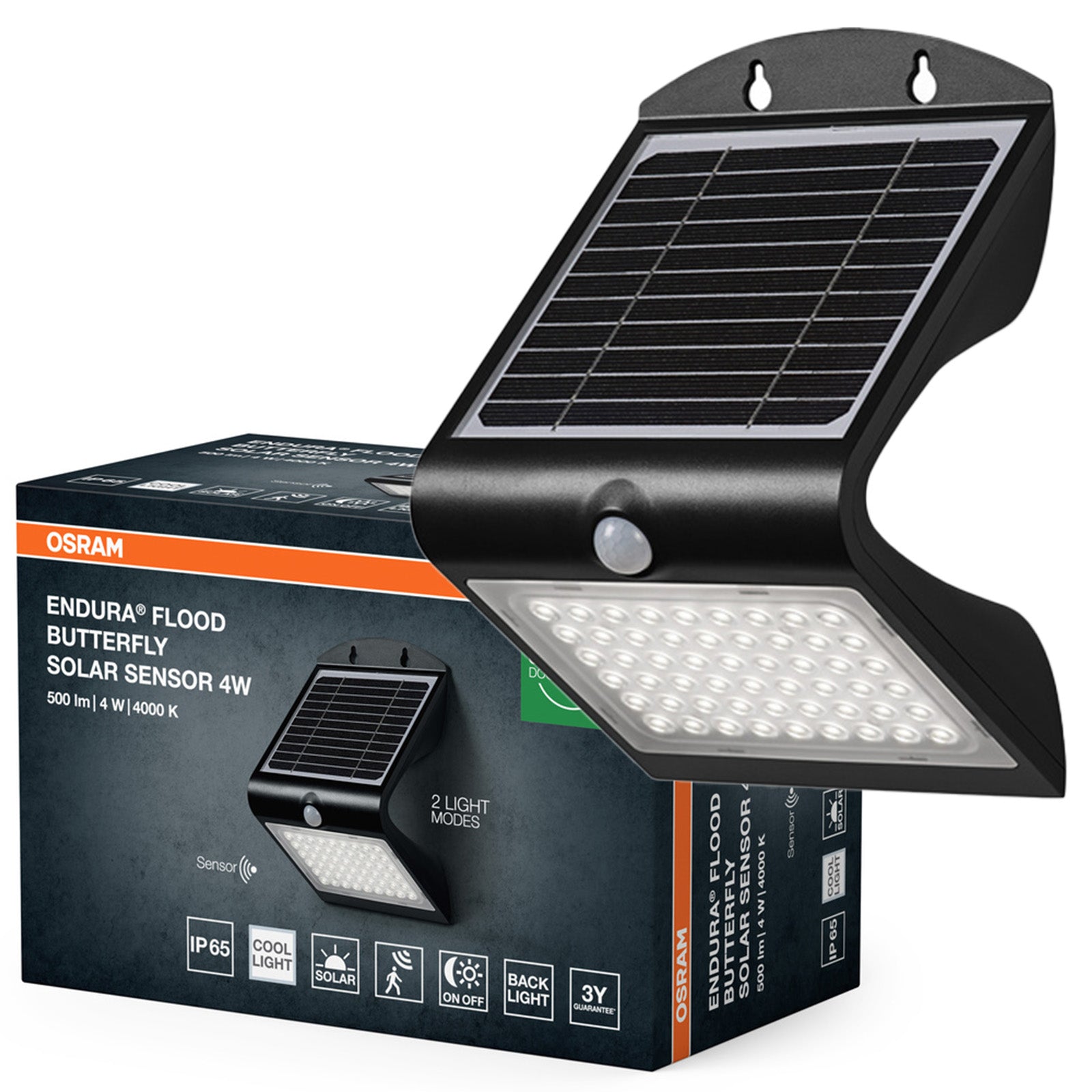 Solar Floodlight LED Lamp Twilight Motion Sensor 4W 4000K Black IP65