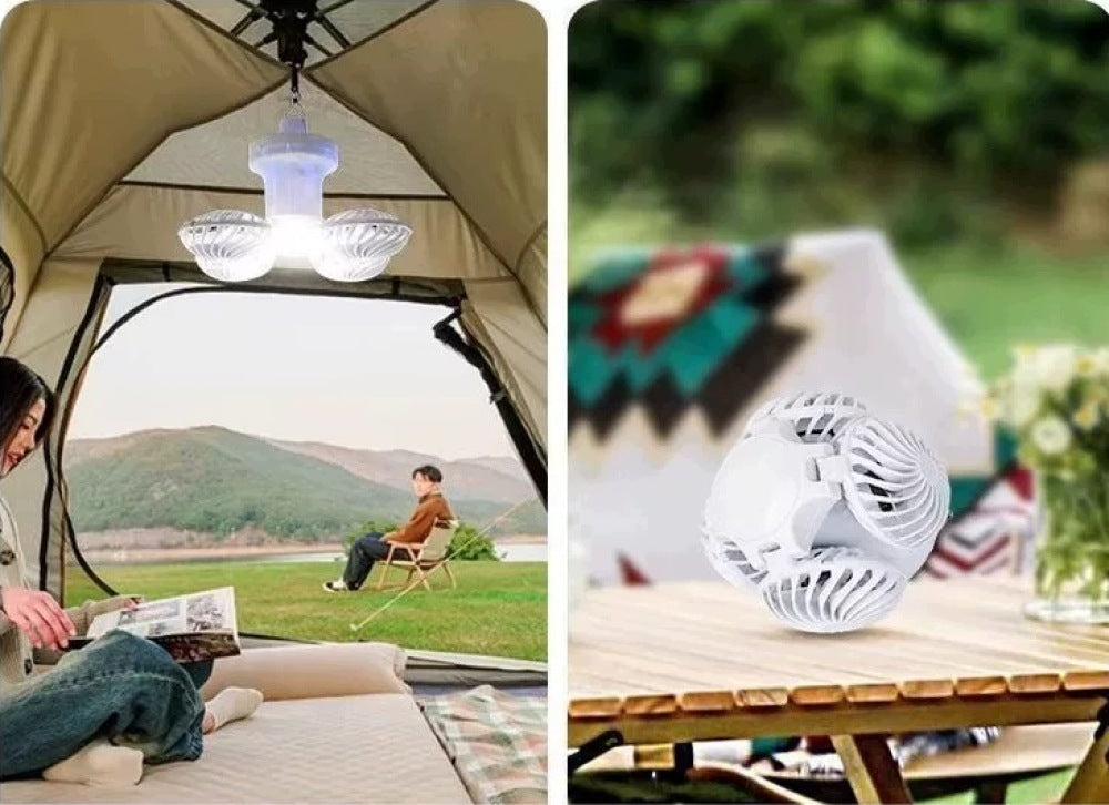 Solar Folding Fan with LED Lamp, 4 Shovels, for Tent and Home Packaging status original