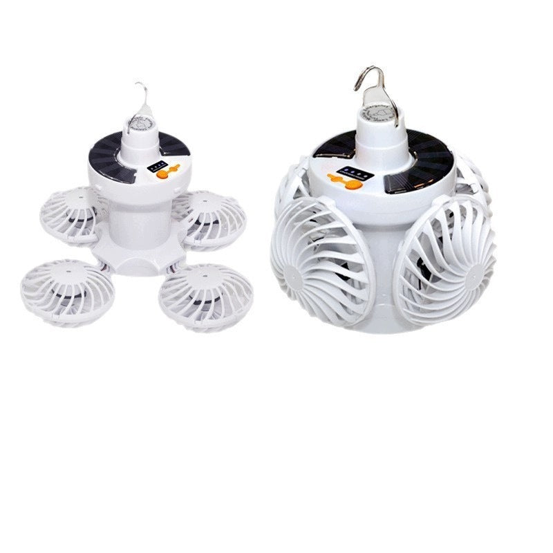 Solar Folding Fan with LED Lamp, 4 Shovels, for Tent and Home