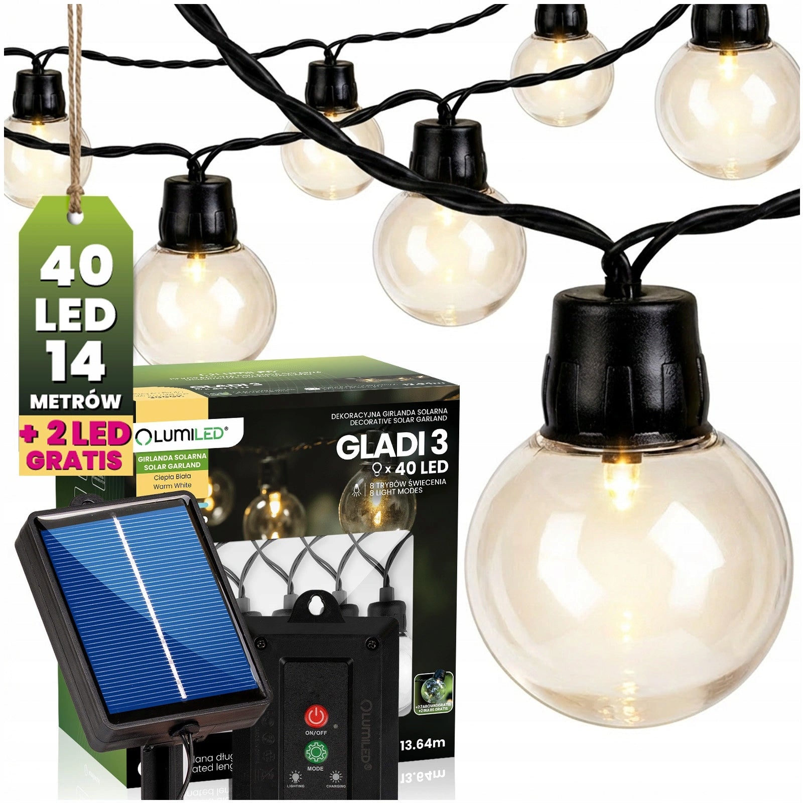 Solar Garland 13,6m 40x LED Garden Balls for Balcony Terrace Gladi 3 IP44