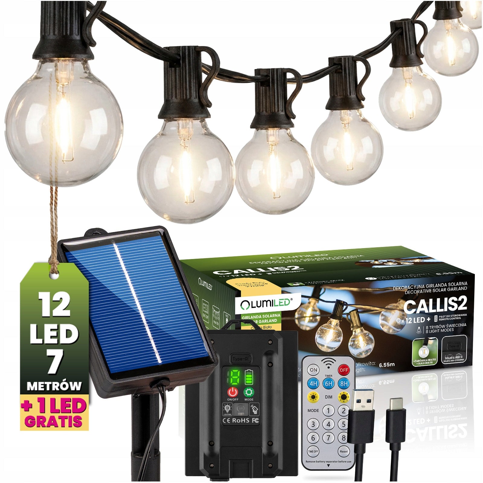 Solar Garland Garden Light 12 LED PILOT Balcony Lights Terrace 6M