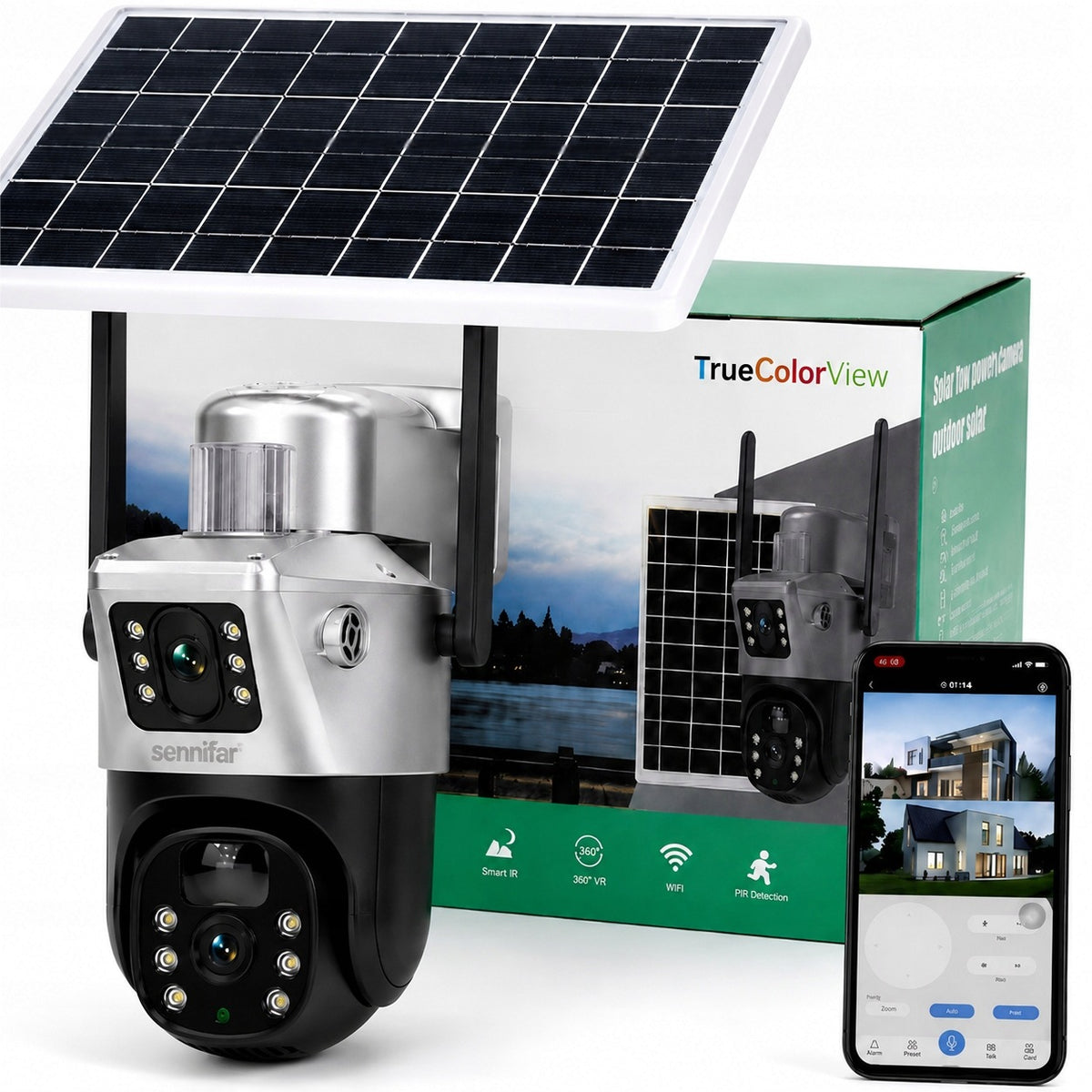 Solar Outdoor WiFi Camera 4K 8MP Dual HD PTZ IR LED App