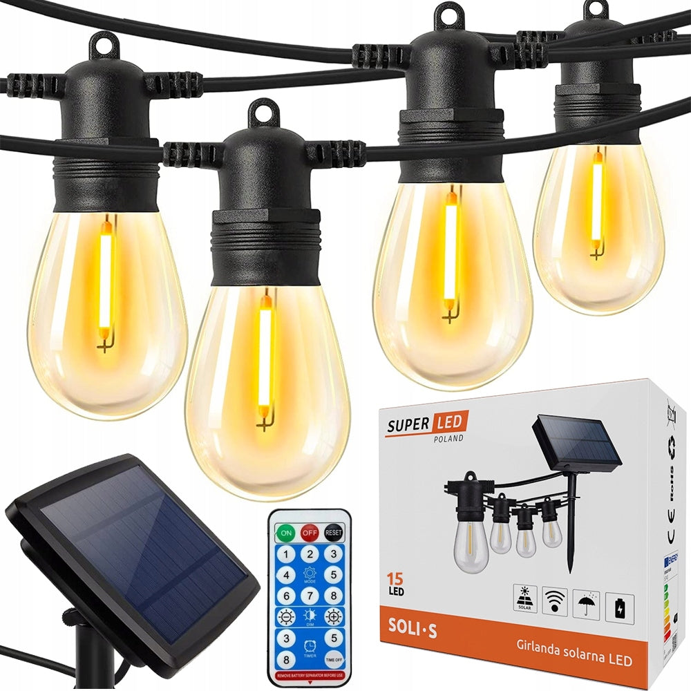 Solar garland LED garden 15m + 15x E27 LED filament Chain SuperLED