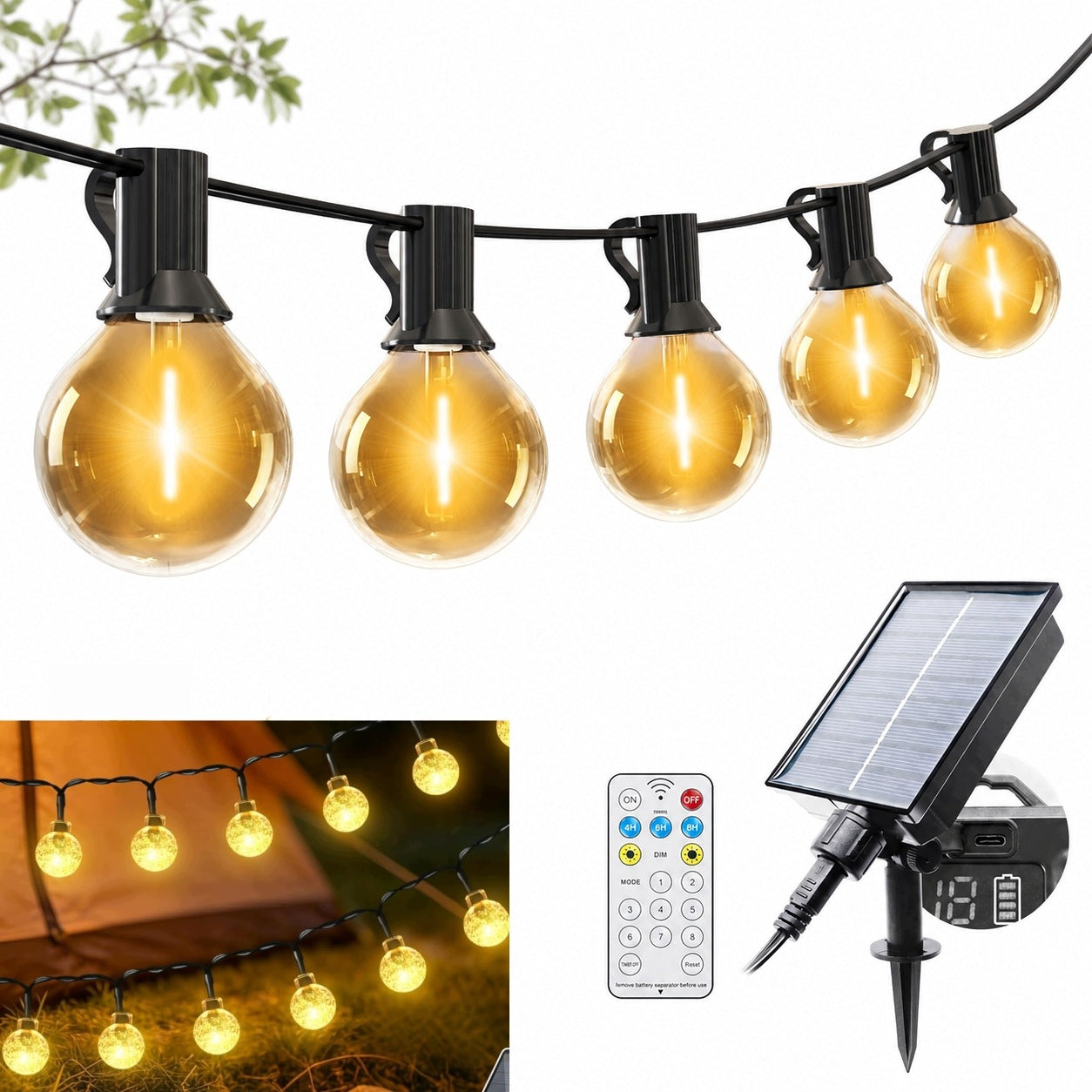 Solar lamp cord with ground stake 10m warm light 8 modes