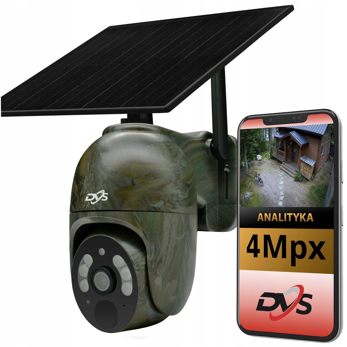 Solar outdoor rotating camera 4G GSM SIM 4Mpx 2K PIR AI camo panel DVS
