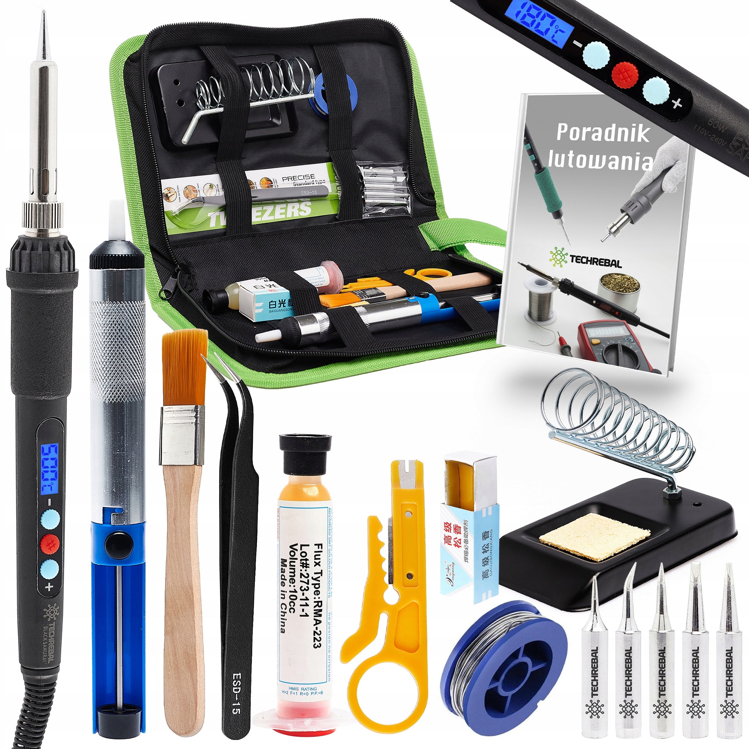 Soldering Iron LARGE SOLDERING KIT 16in1 Techrebal 60W TIN FLUX ESD TWEEZERS
