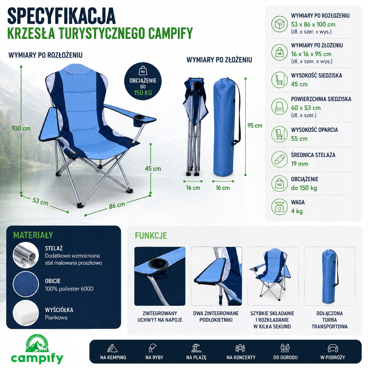 Solid Chair Fishing Chair Campify Folding 150 kg Cover Camping Brand no brand