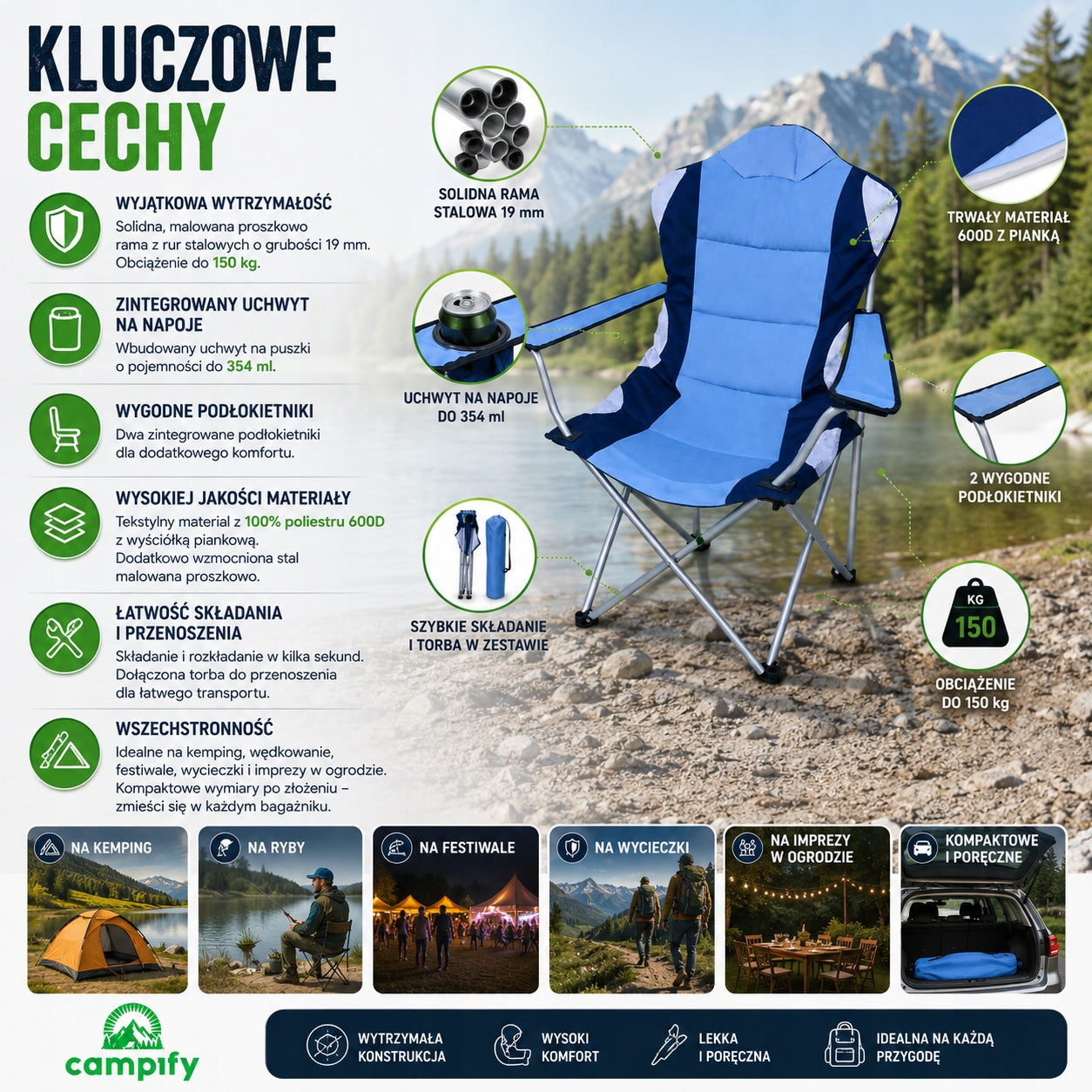 Solid Chair Fishing Chair Campify Folding 150 kg Cover Camping Kind chair