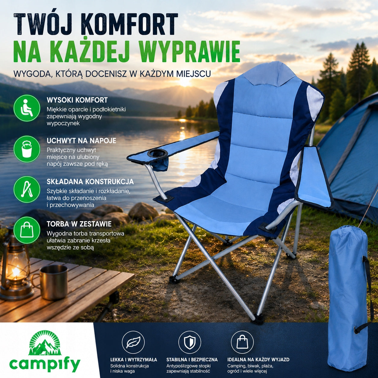 Solid Chair Fishing Chair Campify Folding 150 kg Cover Camping Manufacturer code Comfort Karpiowy Duże XXL Z Oparciem
