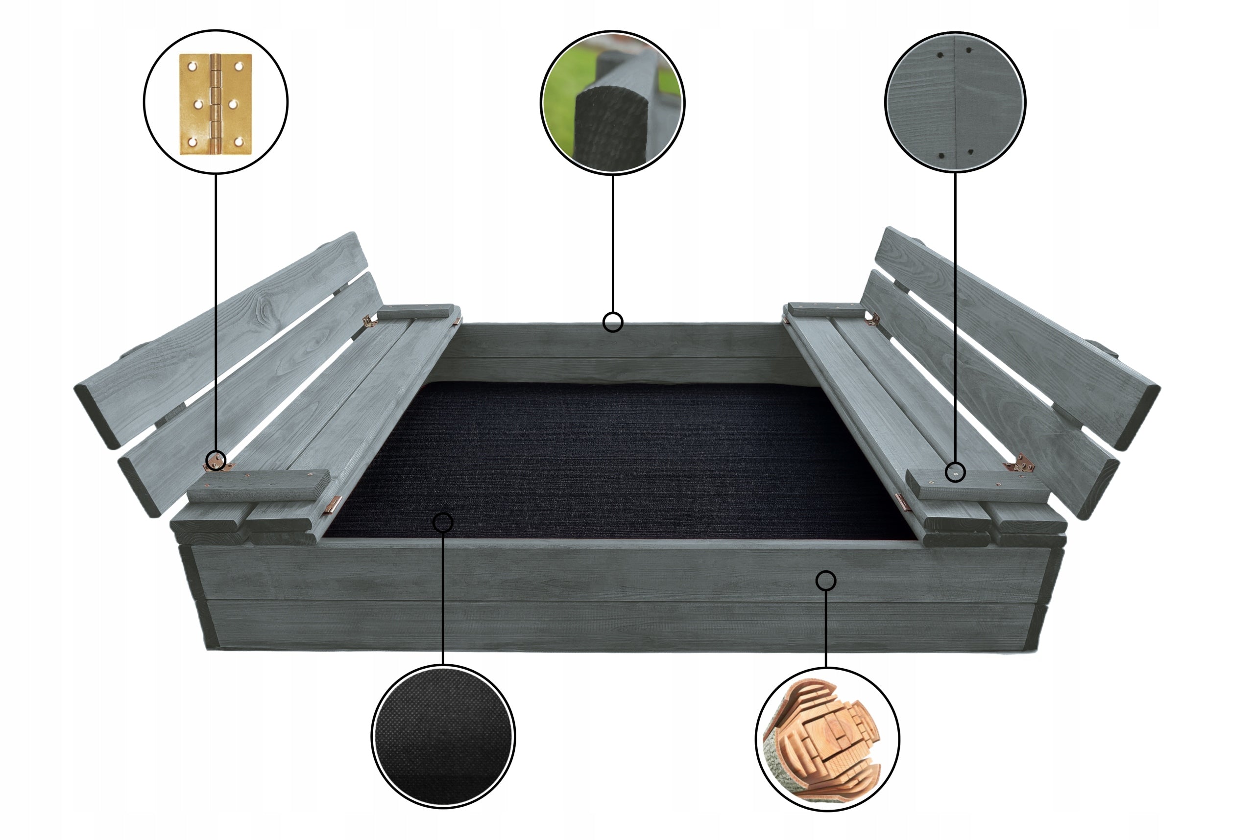 Solid Sandbox WOODEN 120x120 IMPREGNATED CLOSED WITH BENCHES GREY Kid's age 12＋ months