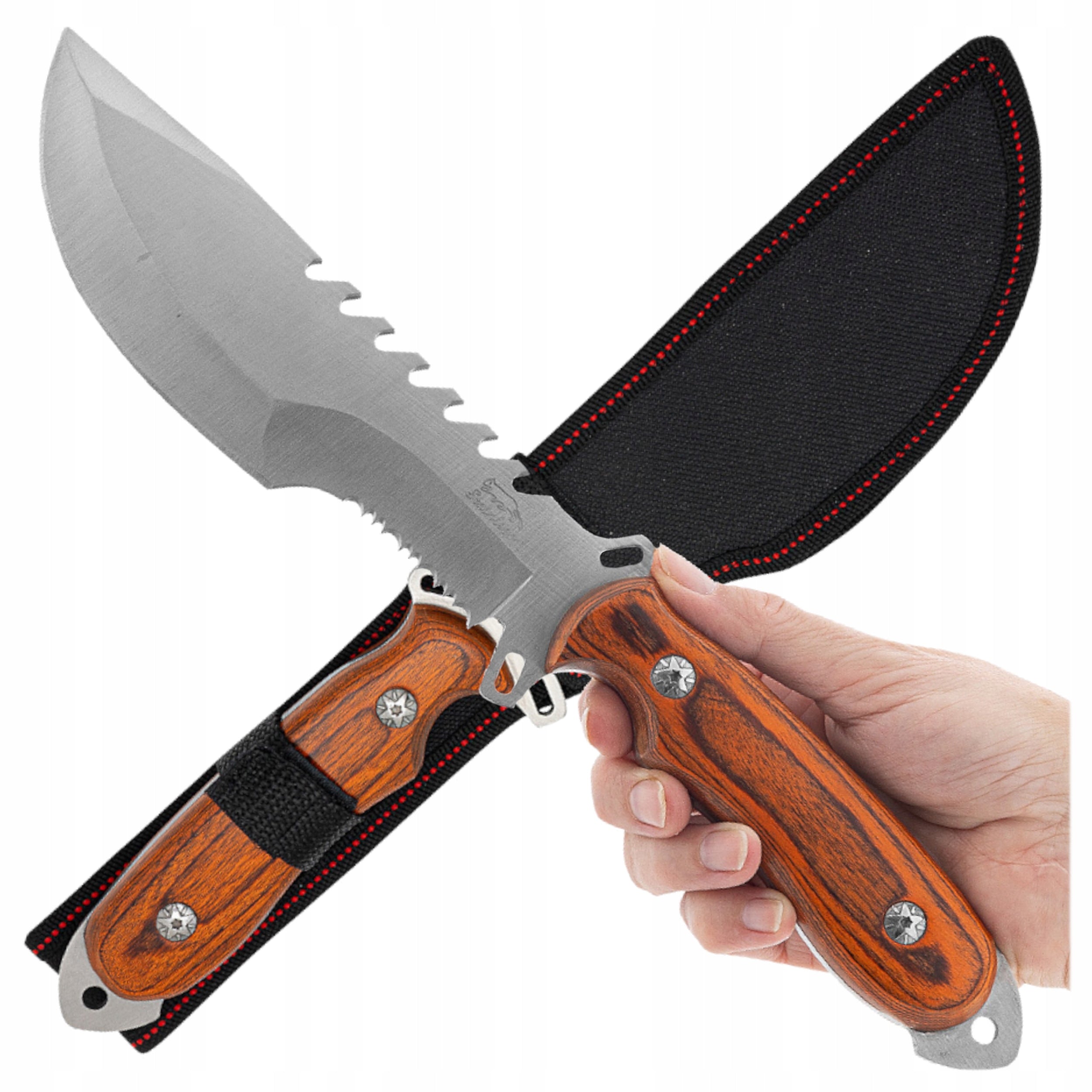 Solid Survival Knife Steel 440 Wood Cover Saw Scythe Rambo Machete