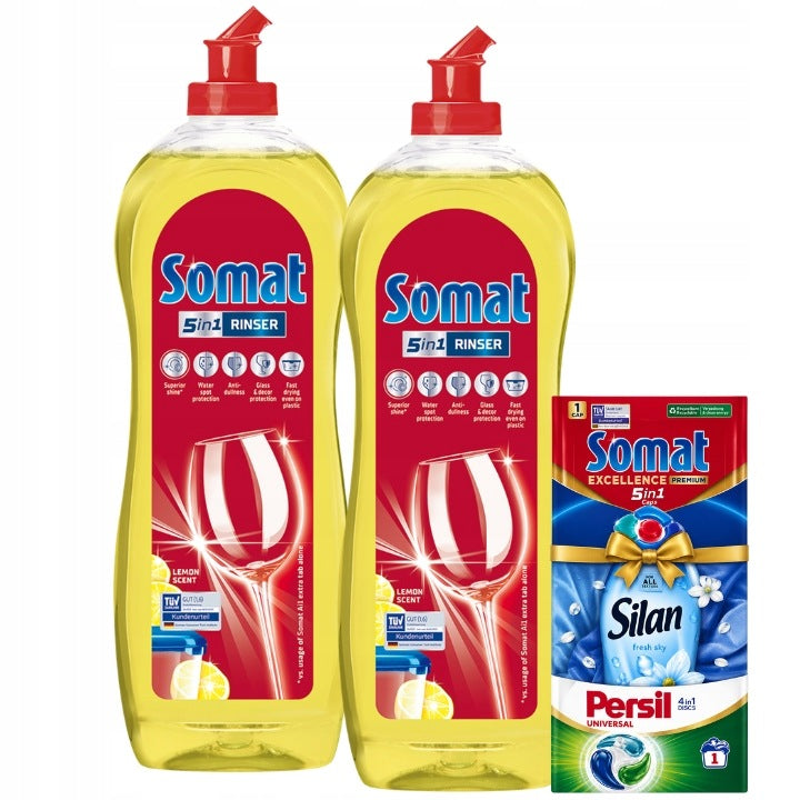 Somat Lemon XL Dishwasher Rinse Aid 750ml x2 + Freebie