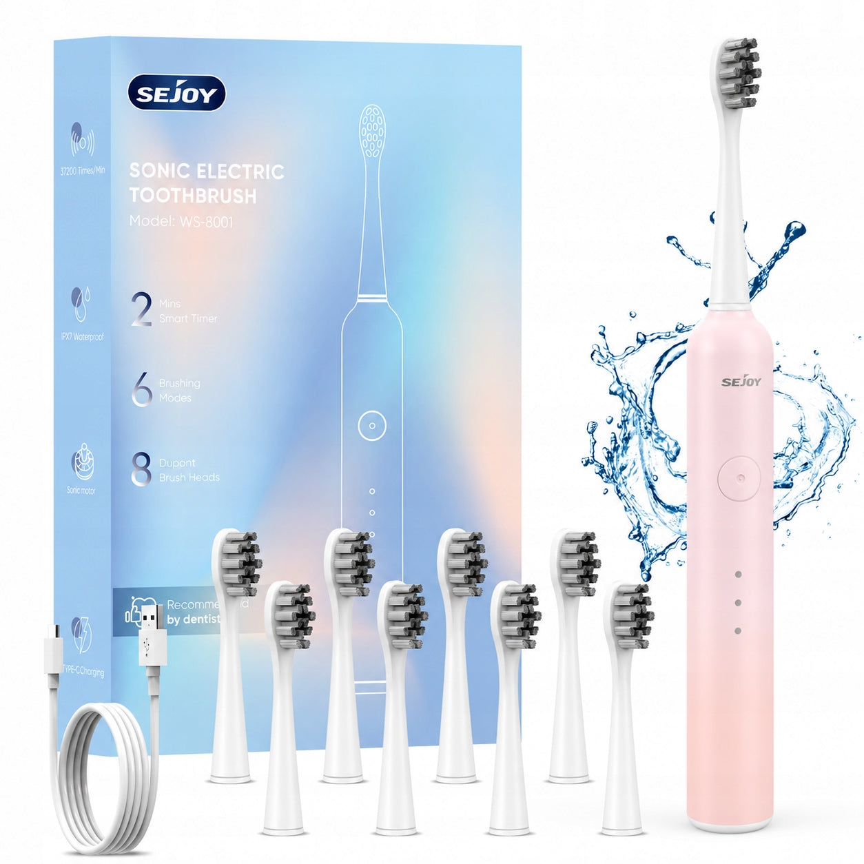 Sonic Electric Cordless Toothbrush 6 Modes 8Heads Pink and White