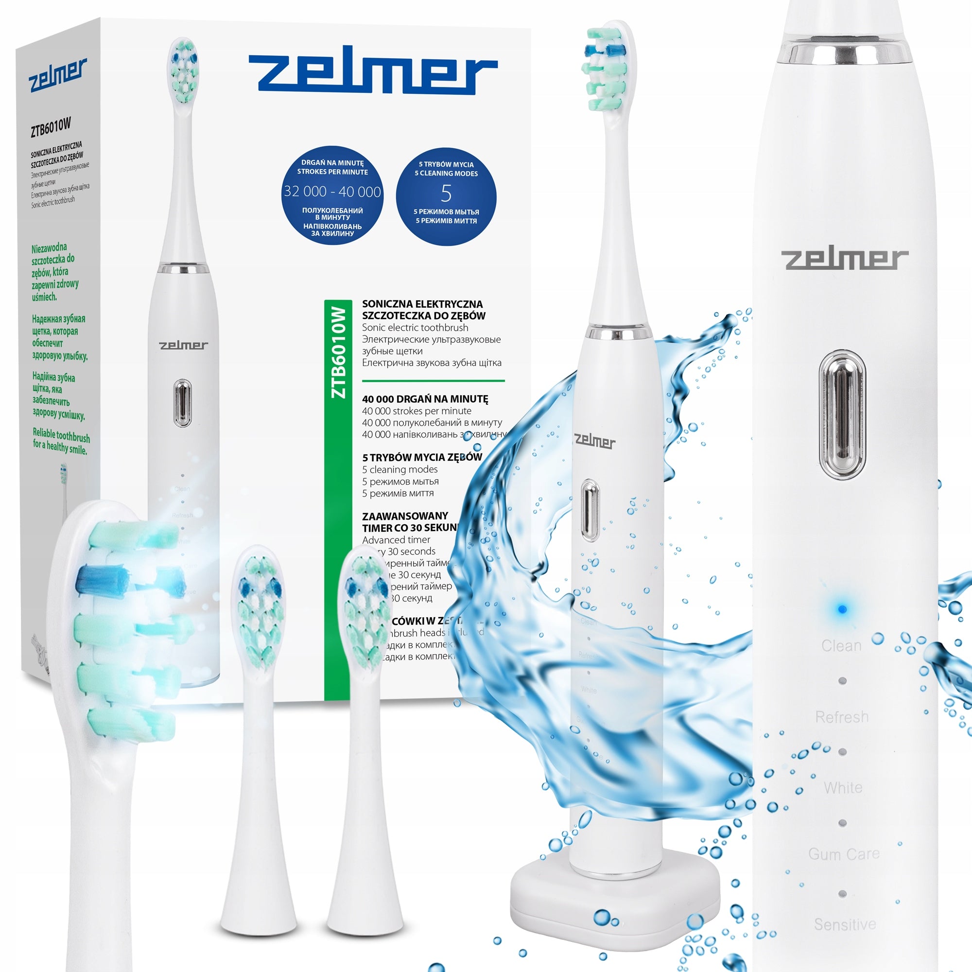 Sonic Electric Toothbrush Zelmer ZTB6010W + 3 tips