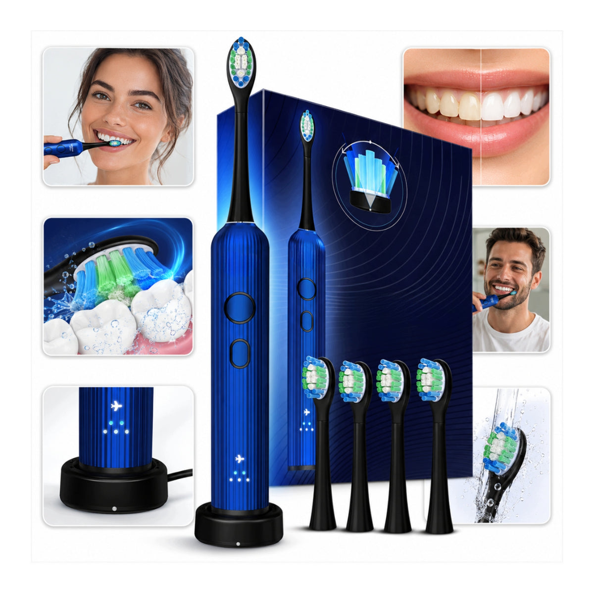 Sonic Toothbrush With Oscillation IPX7 4 Heads Soft Hair Blue