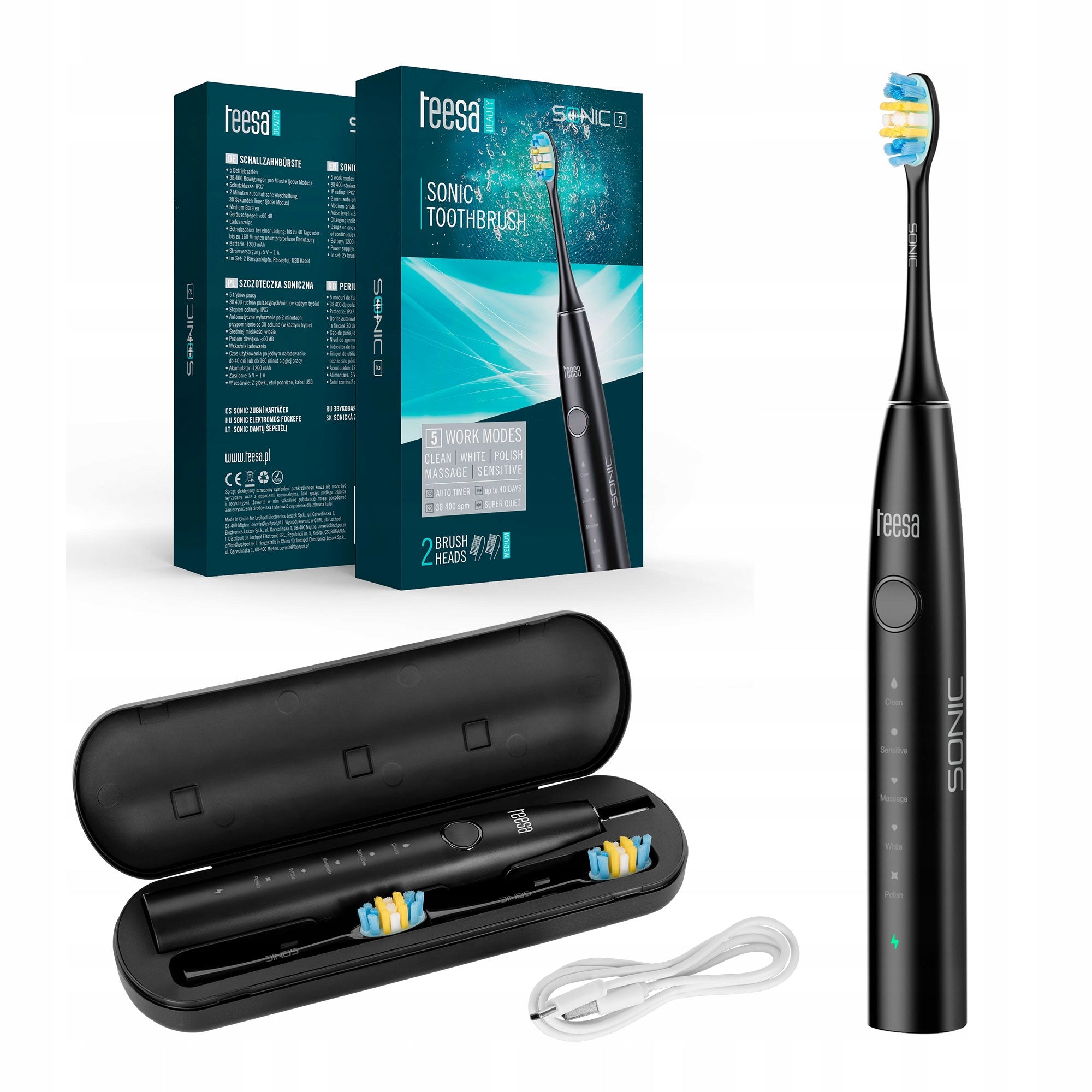 Sonic toothbrush 5 modes case cable TEESA SONIC 2 heads