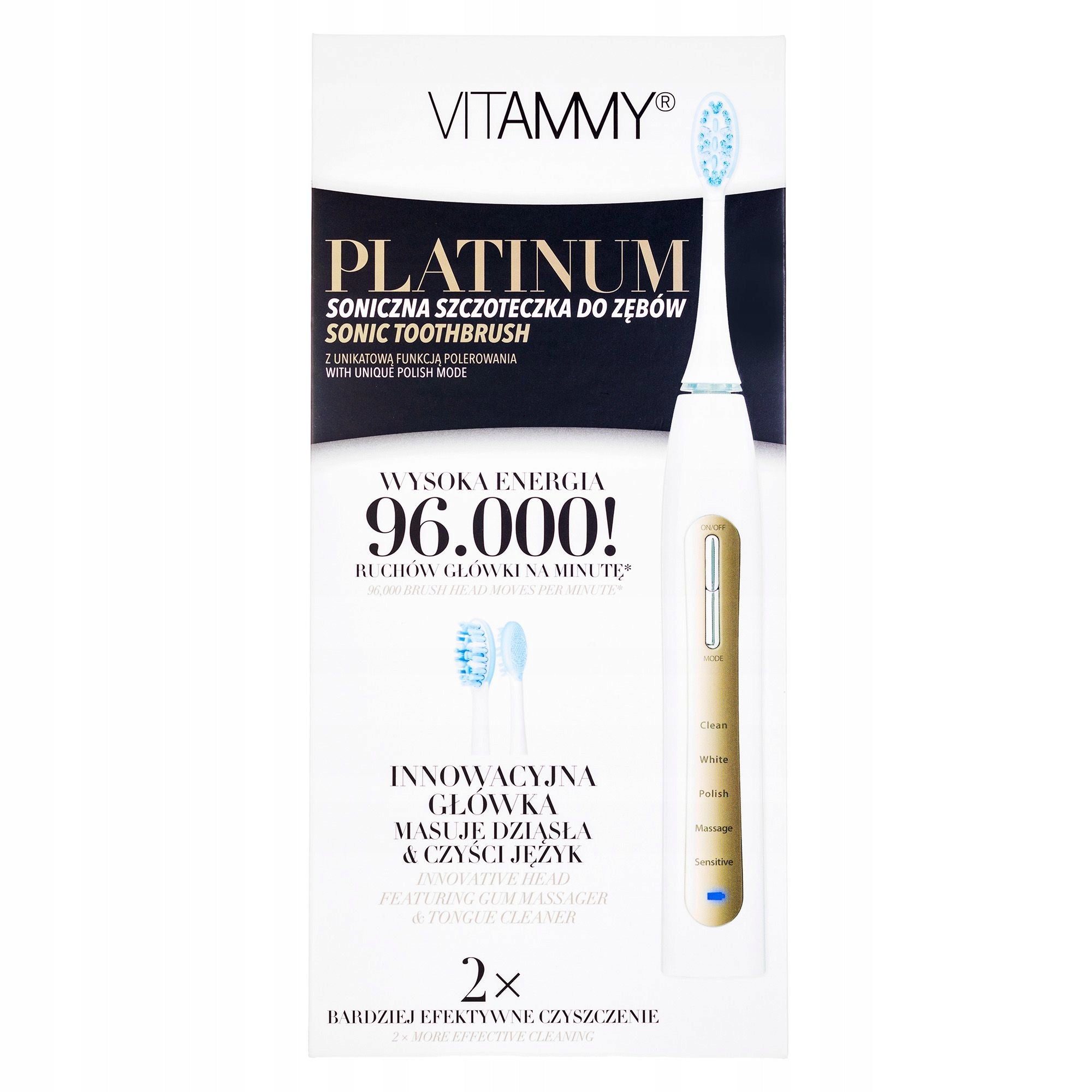 Sonic toothbrush VITAMMY Platinum rechargeable 2 tips 5 modes Brand VITAMMY