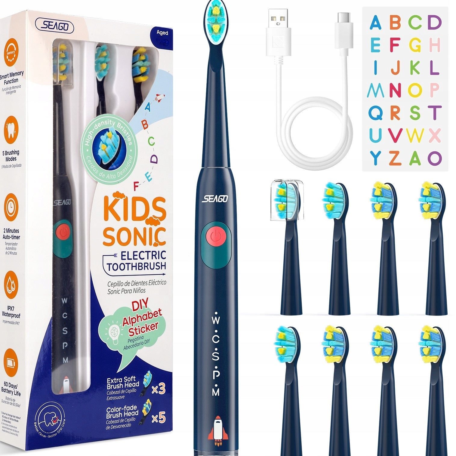 Sonic toothbrush for children 6-12 , SEAGO 8 tips, blue