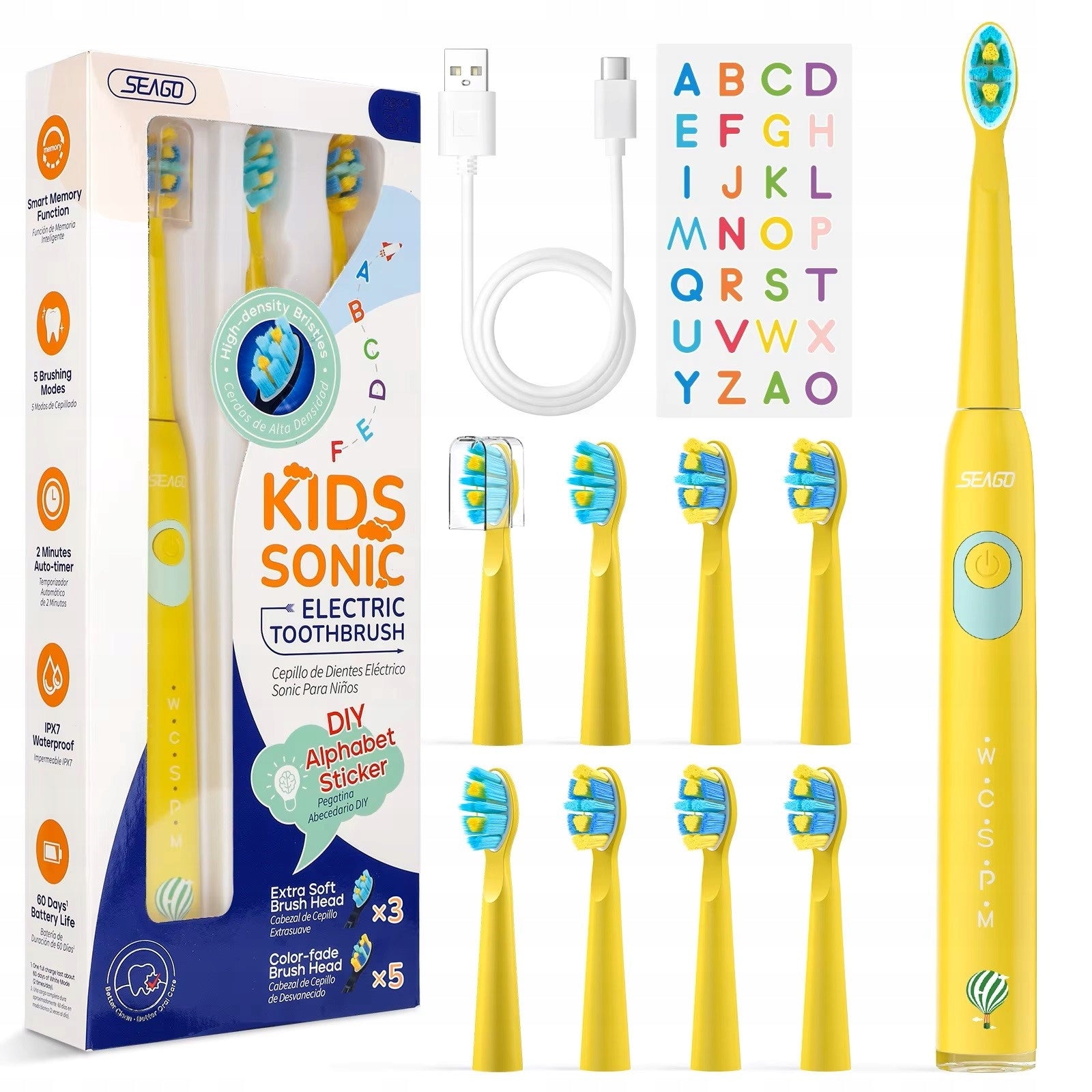 Sonic toothbrush for children 6-12 years SEAGO SG-2303, 8 tips - yellow