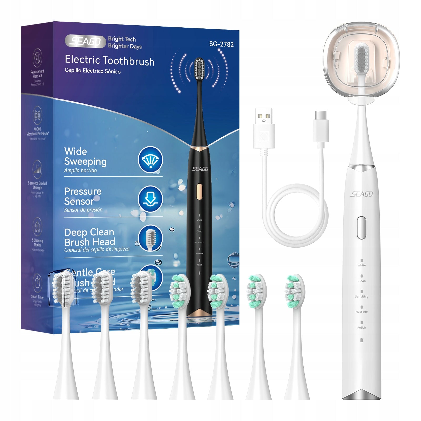 Sonic toothbrush with 8 tips 40000 VPN white Seago SG-2782