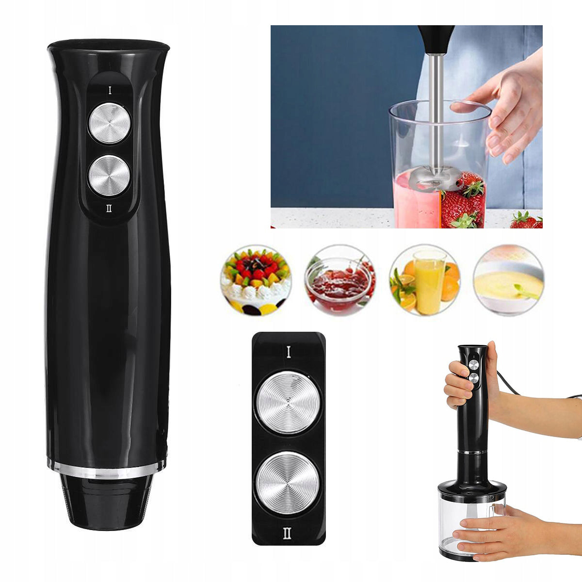 Soup Blender Cocktail Mousses 4in1 Powerful Motor 500W Black