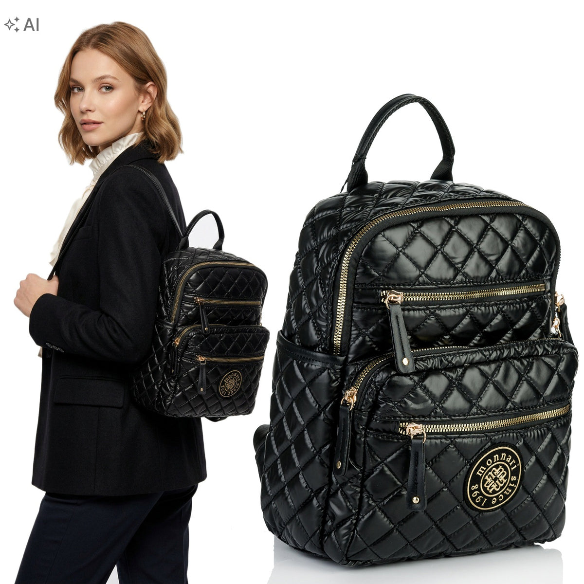 Spacious Women's Backpack MONNARI Urban Black Logo For School Work Quilted