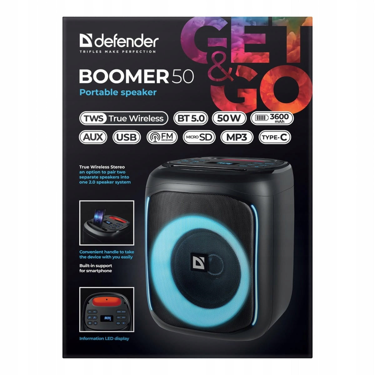 Speaker Defender BOOMER 50 Li-Ion 1.1 50W black volume control EAN (GTIN) 4745090823851
