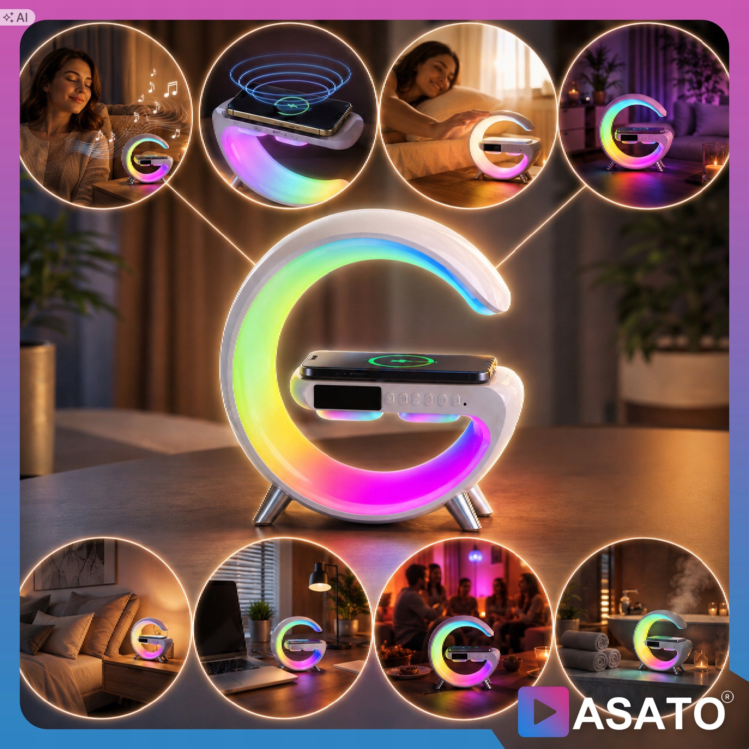 Speaker Wireless RGB Light Bluetooth Alarm Clock Wireless Charger Manufacturer code ASATO-SOUNDLIGHT01