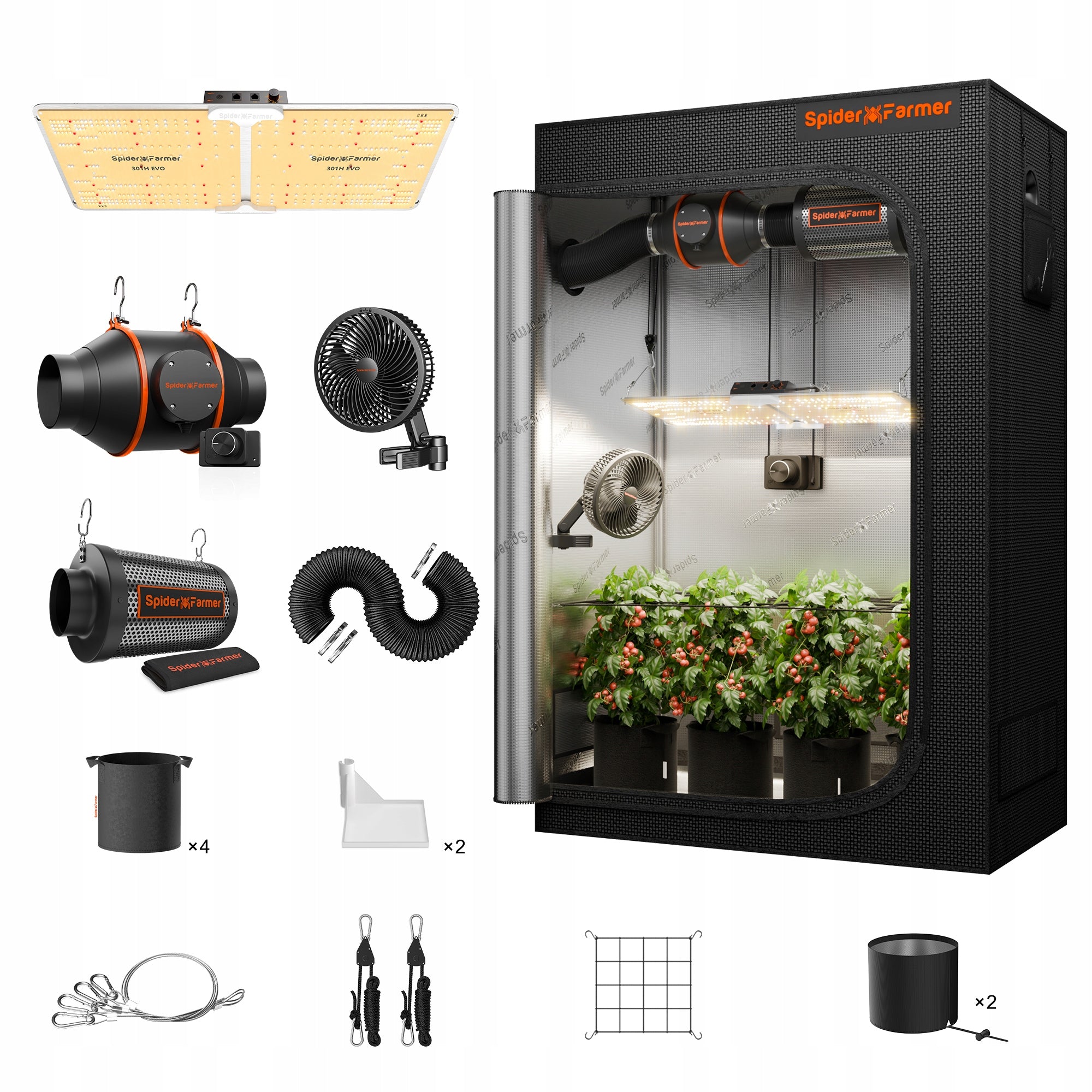Spider Farmer SF2000 LED+1.2x0.6m Grow Tent Kit+6” Clip Fan+4” Ventilation