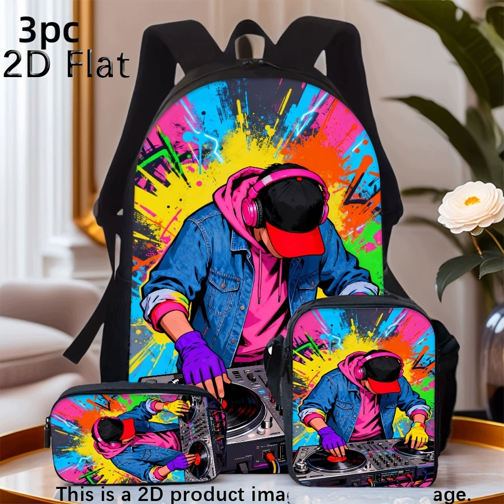 Splash Graffiti DJ Print 3-Piece Backpack Set with Crossbody Bag and Storage Pouch
