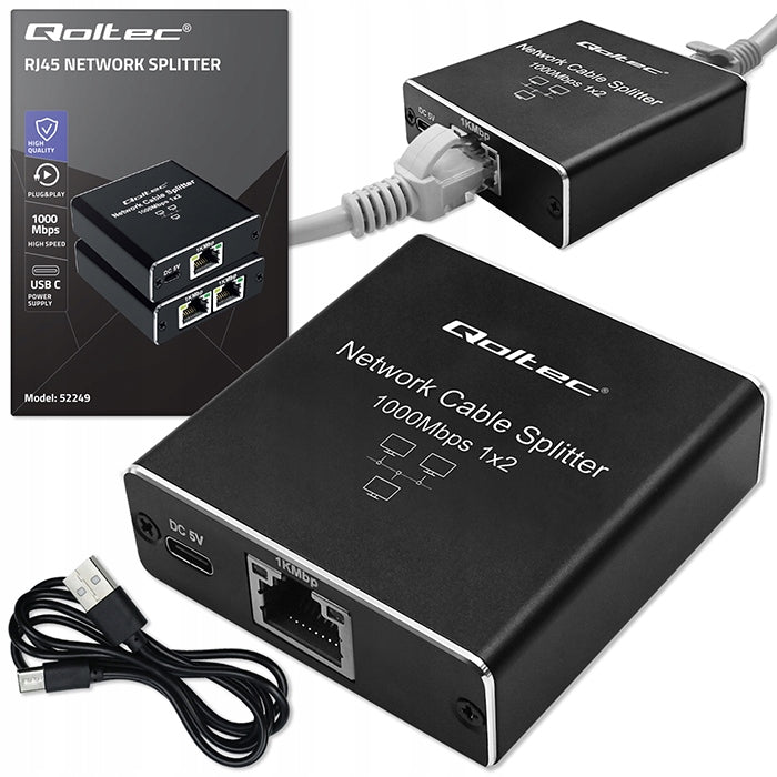 Splitter mini SWITCH 1x2 port RJ45 1000Mbps USB-C Aluminium