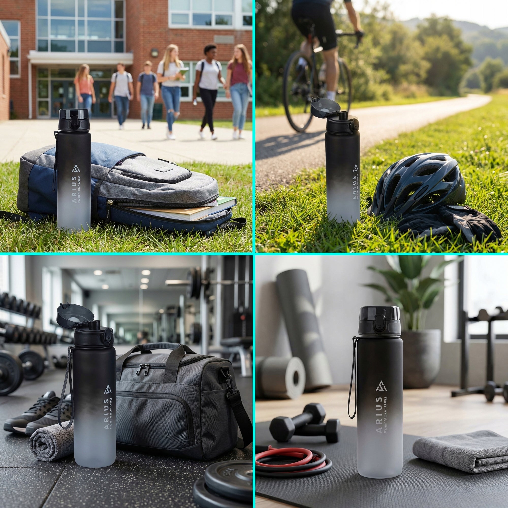 Sports Bottle 1L Water Bottle Tritan BPA Free Motivational Fitness Bike Color black