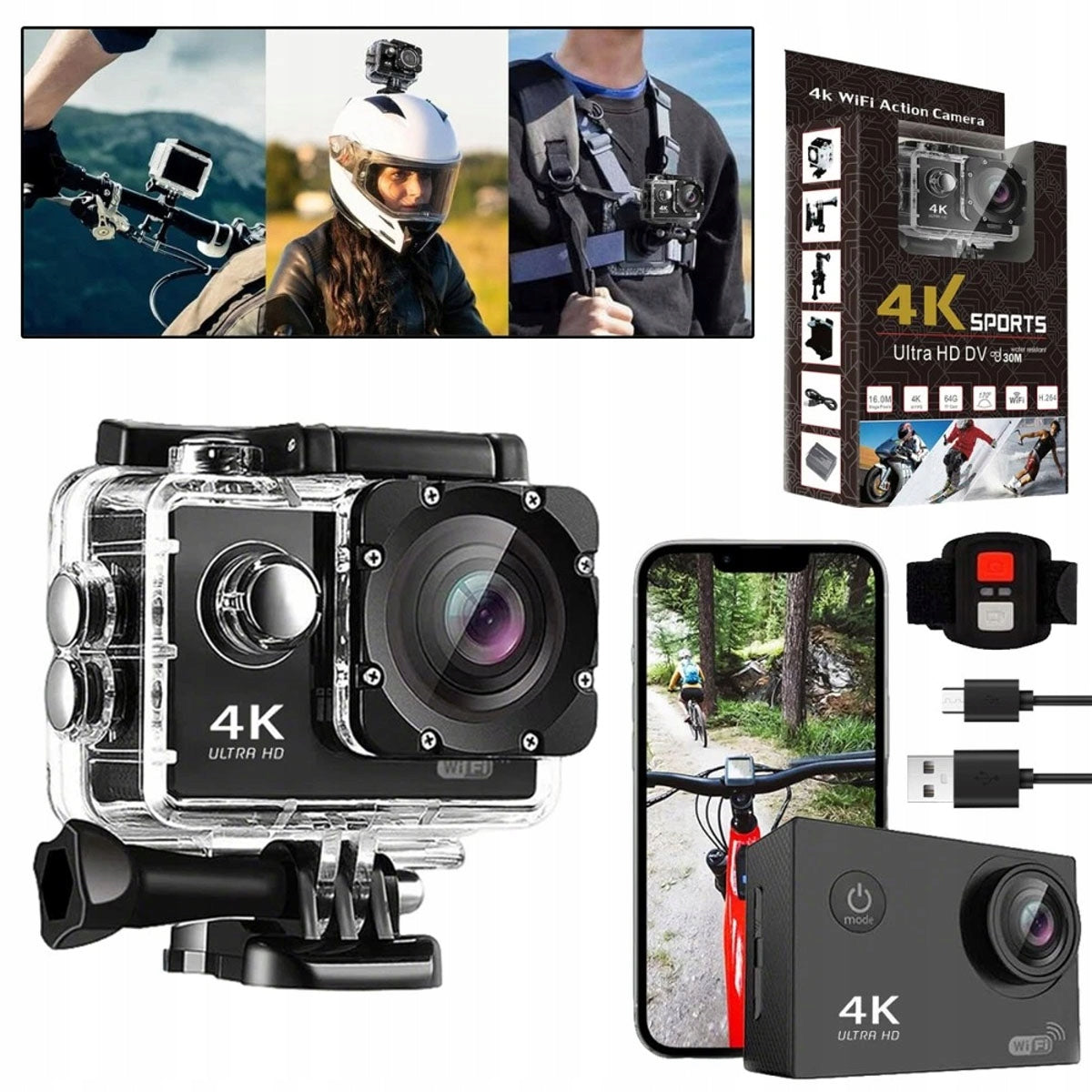 Sports Camera 4K 20MP WiFi Waterproof + Akcesoria Waterproof 30m